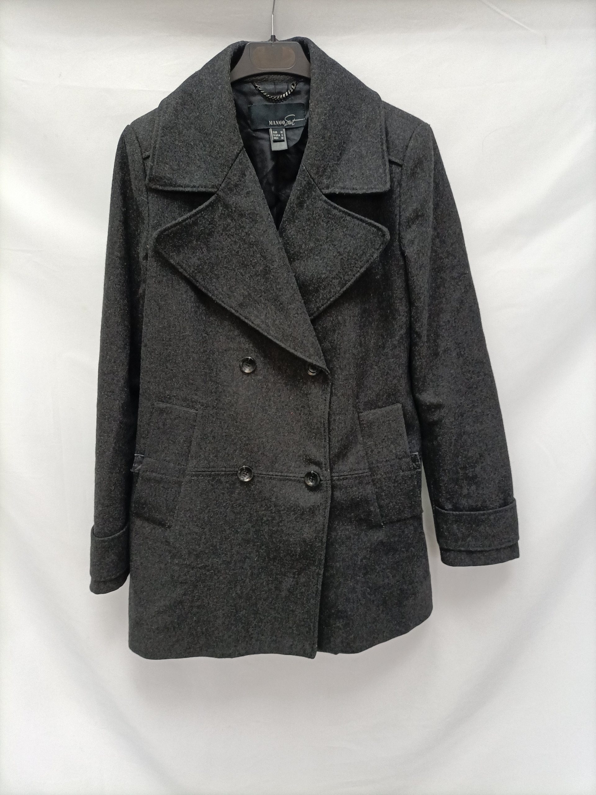 MANGO. Abrigo gris cruzado T.m