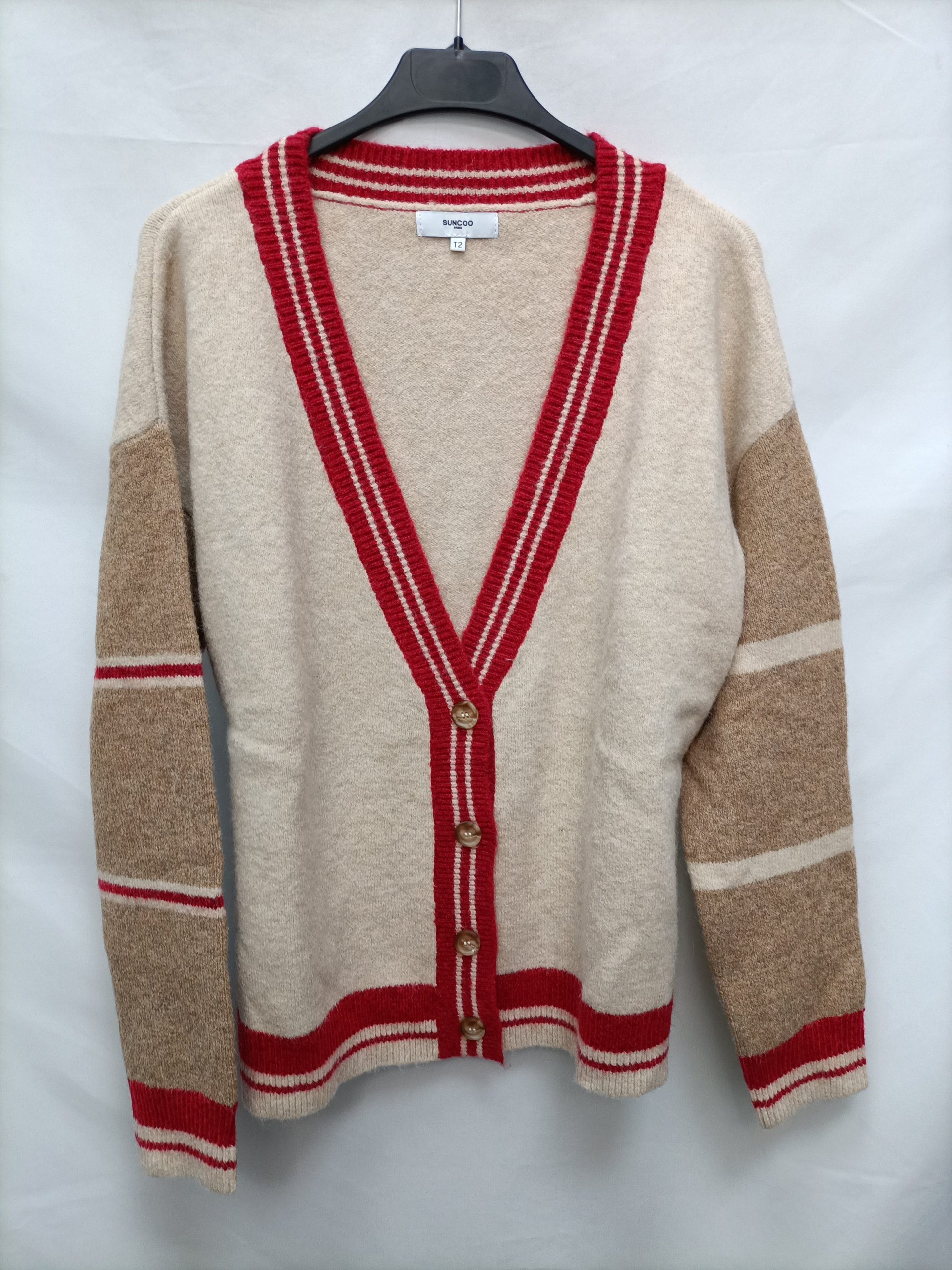 SUNCOO. Cárdigan beige y rojo T.2 (m)