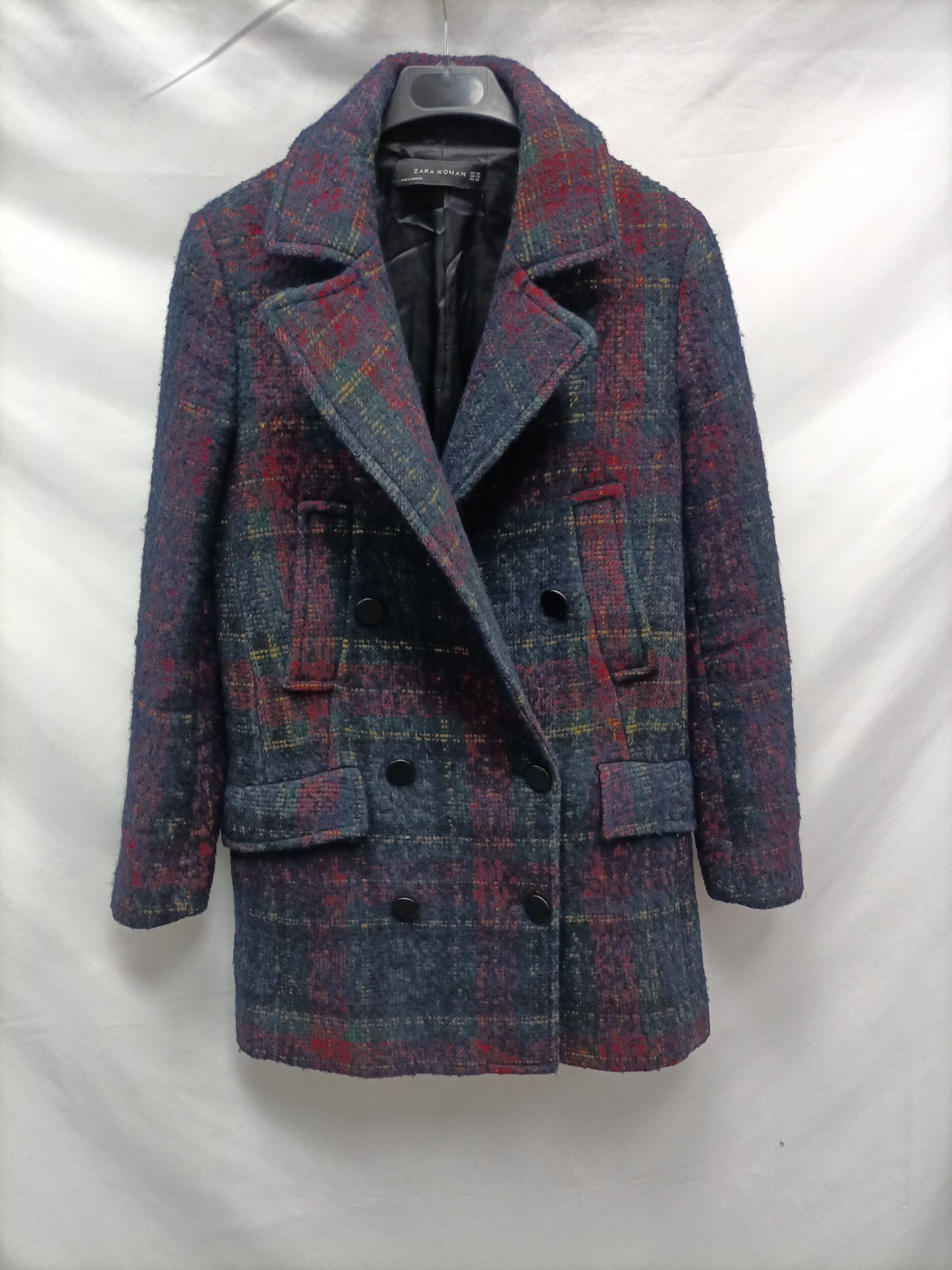 ZARA. Abrigo azul cuadros T.xs