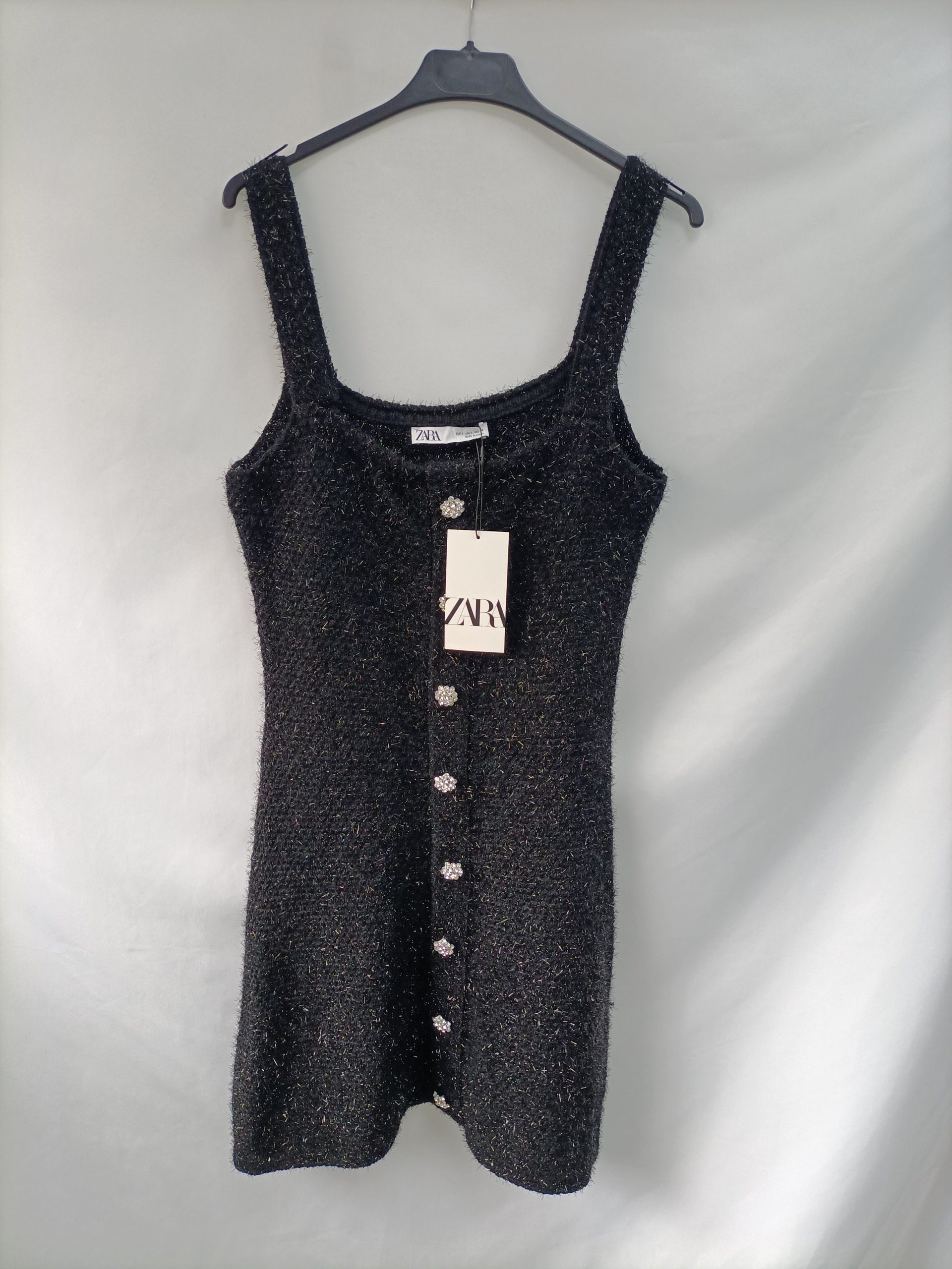 ZARA. Vestido tweed pelito negro T.l