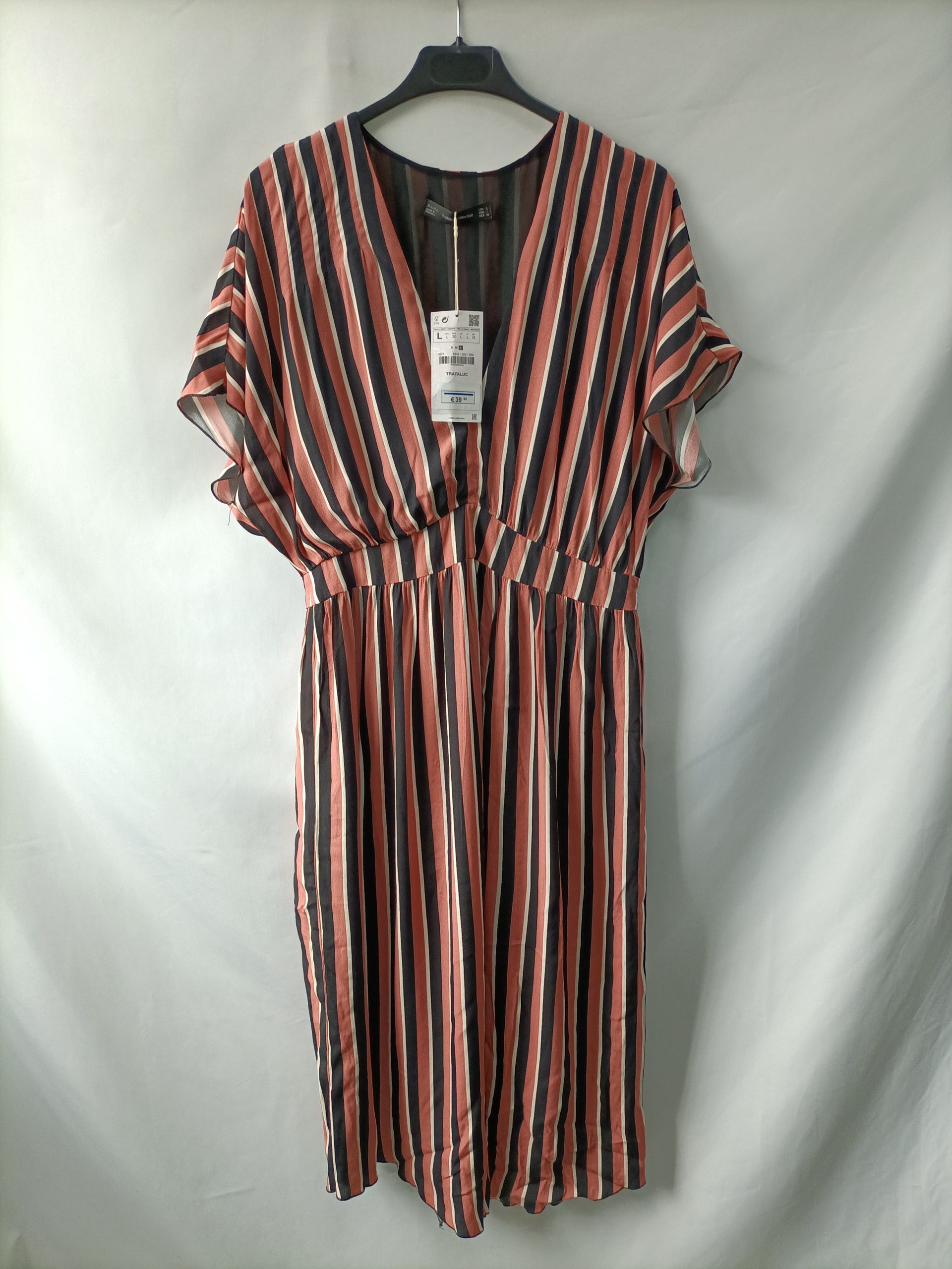 ZARA.Vestido midi rayas rosas y negras T.L