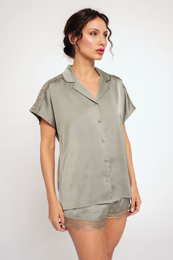 Pijama mujer camisero corto satén verde | MUYDEMI