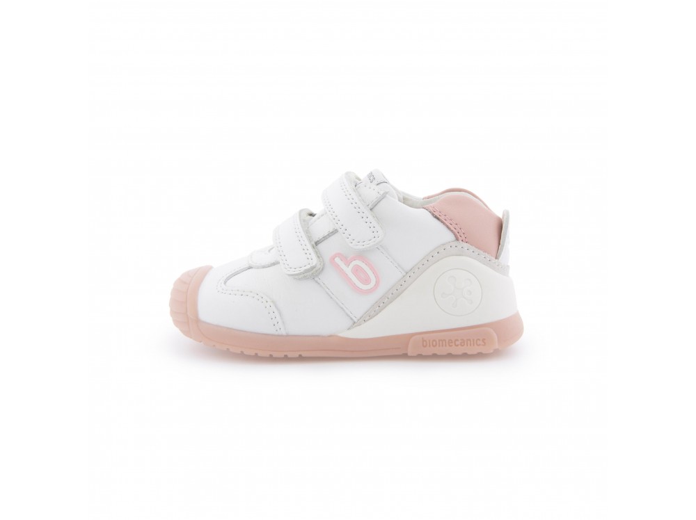 Deportiva de piel blanca y rosa con doble velcro Biomecanics