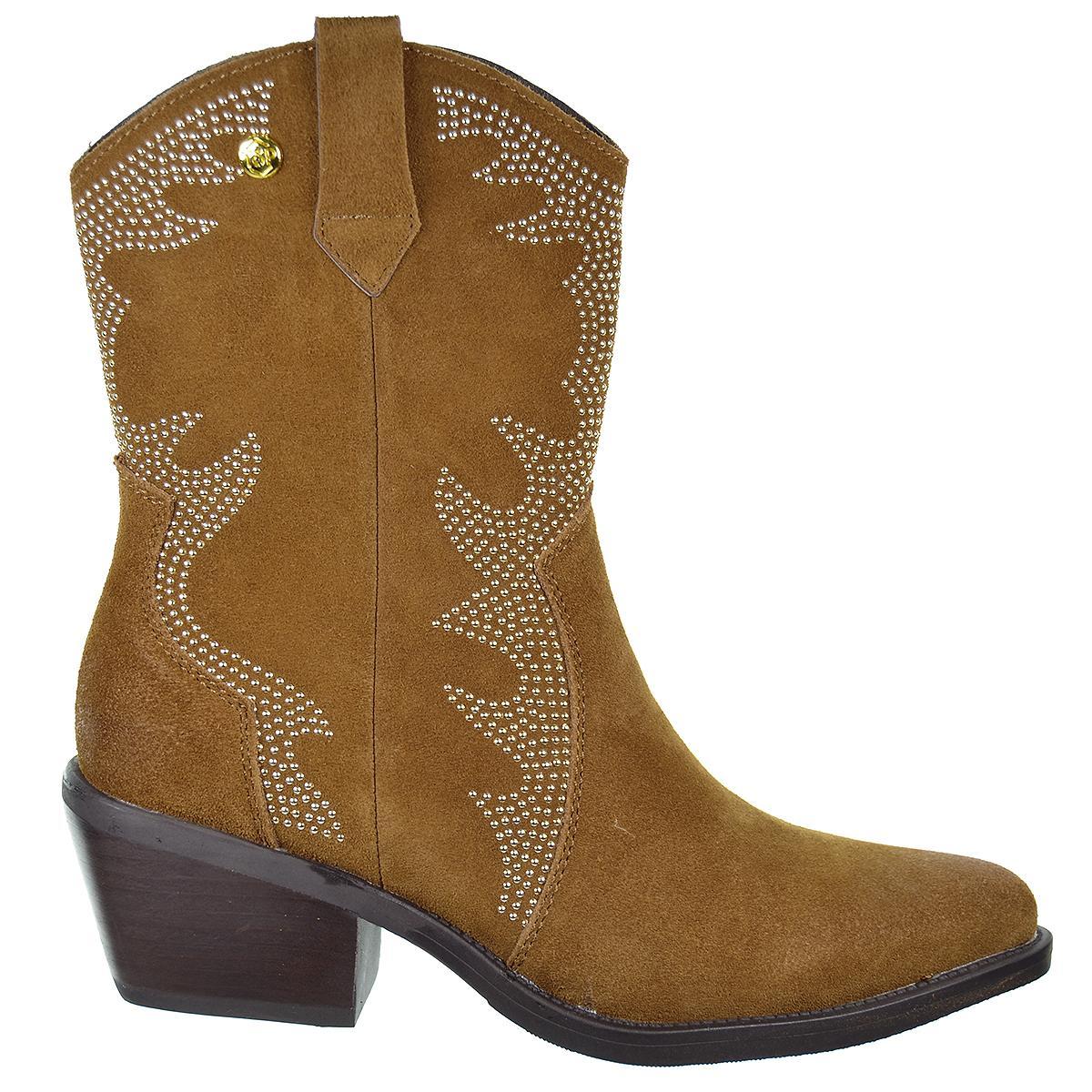 23873 Top3 Botín Campero Piel Serraje Remaches Tacón Mujer