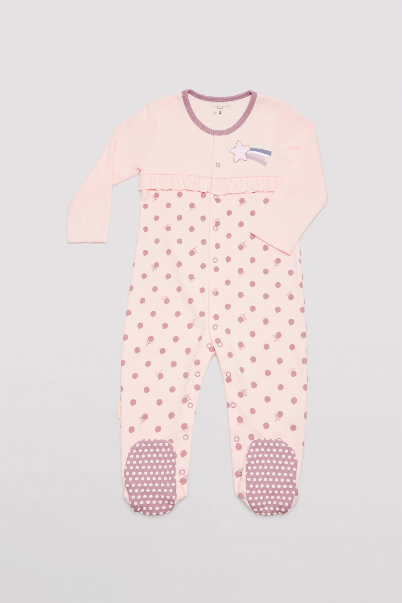Pelele bebé manga larga volante y lunares rosa