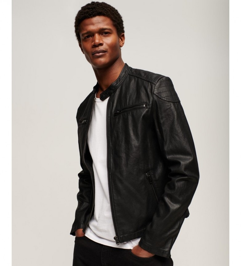 Superdry Cazadora vaquera de estilo motero con revestimiento y logotipo negro