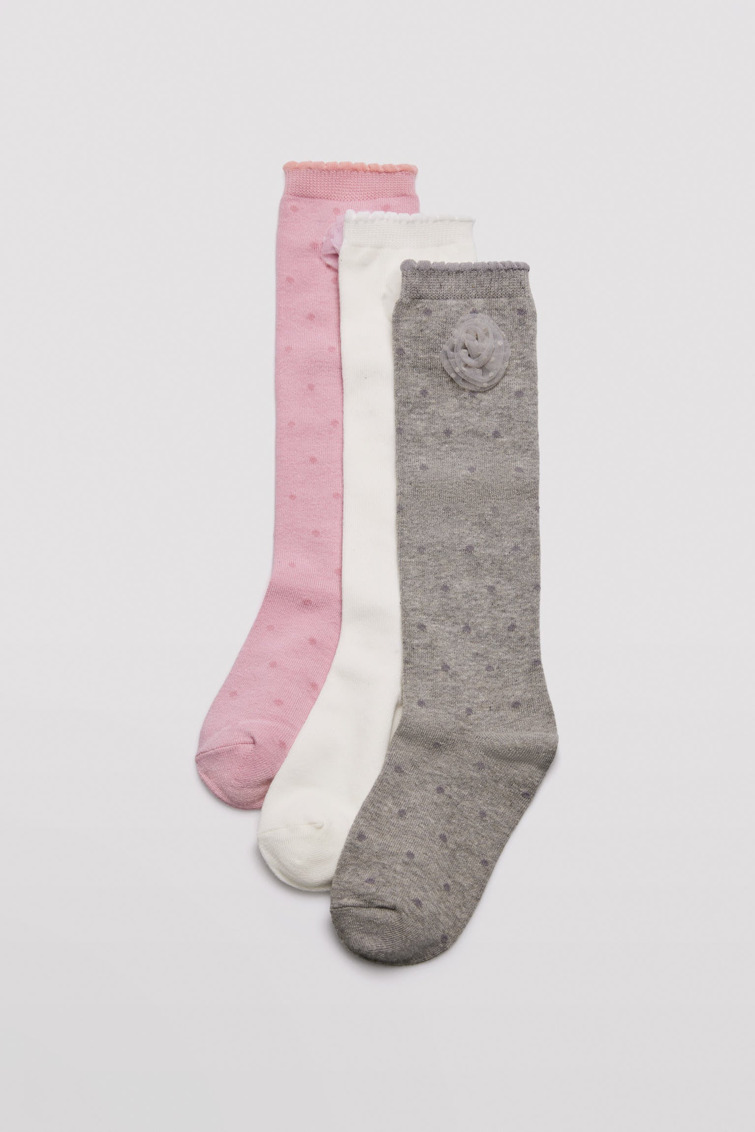 Pack 3 calcetines largos de niña punteados detalle de flor