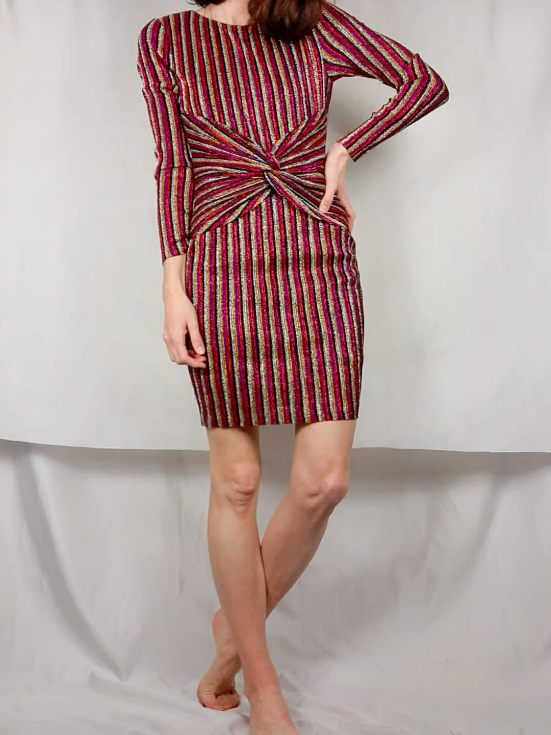 MISS SELFRIDGE.Vestido rayas purpurina T.36