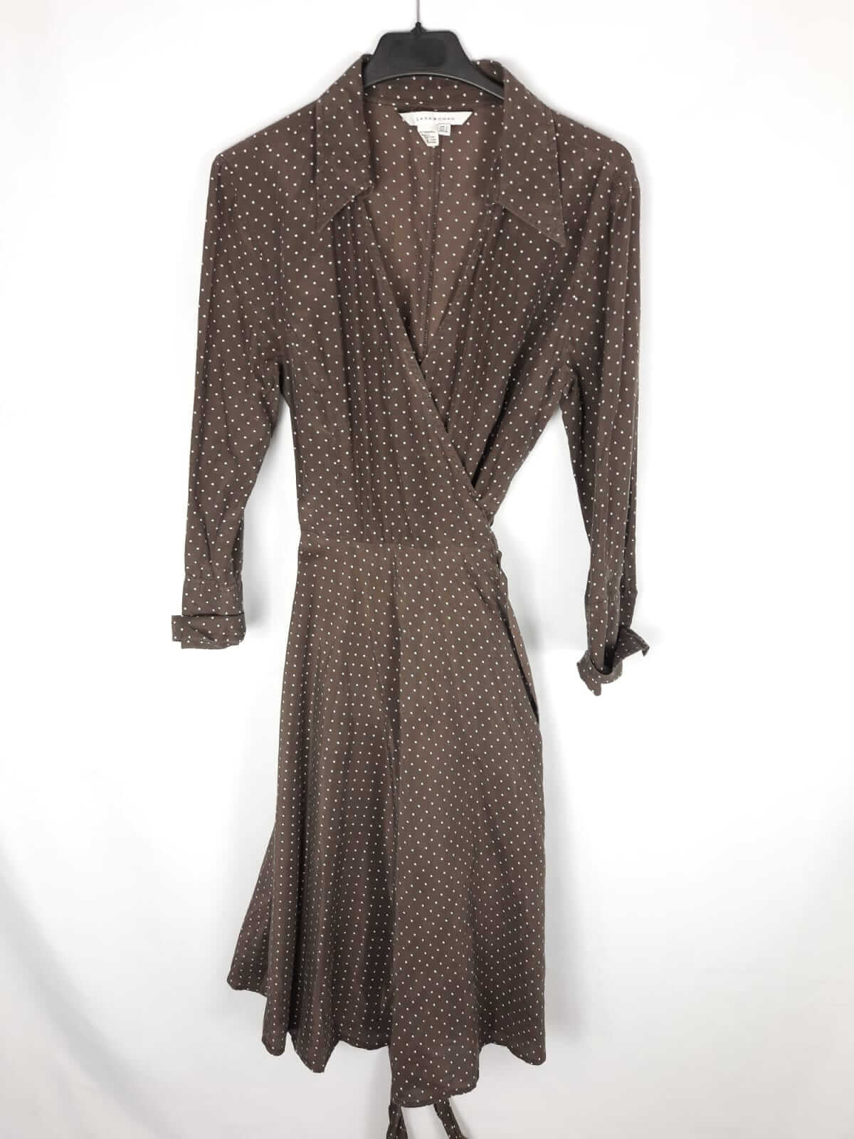 ZARA. Vestido marrón con lunares cruzado T.l