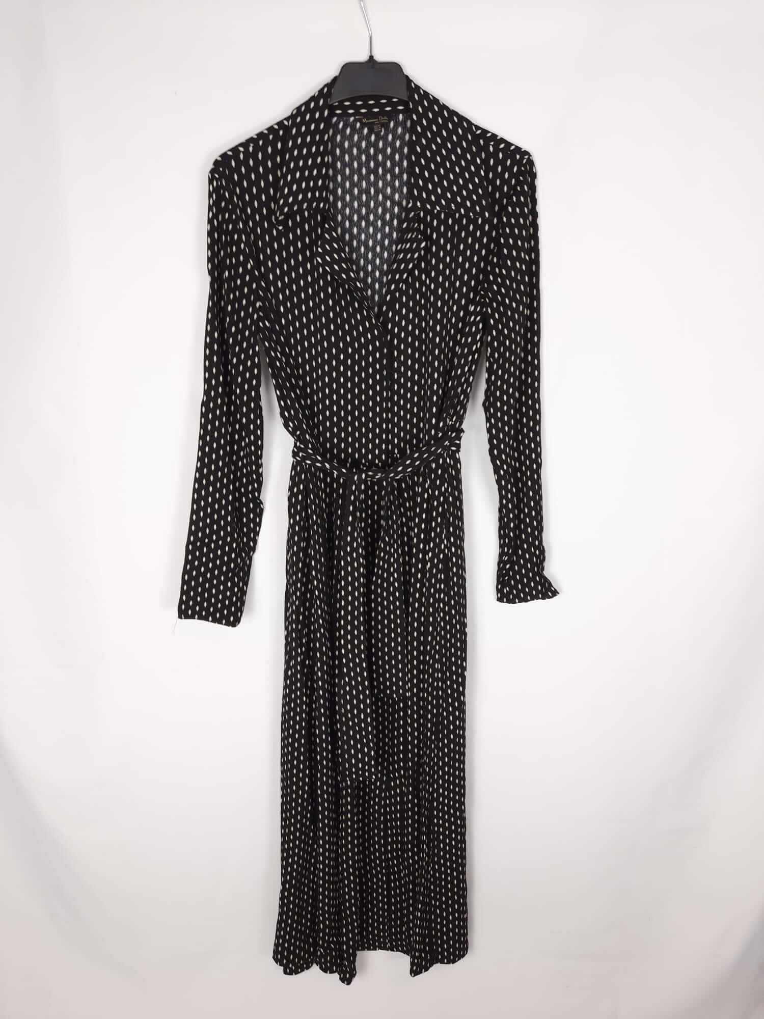 MASSIMO DUTTI. Vestido largo negro con topos color beige T.36