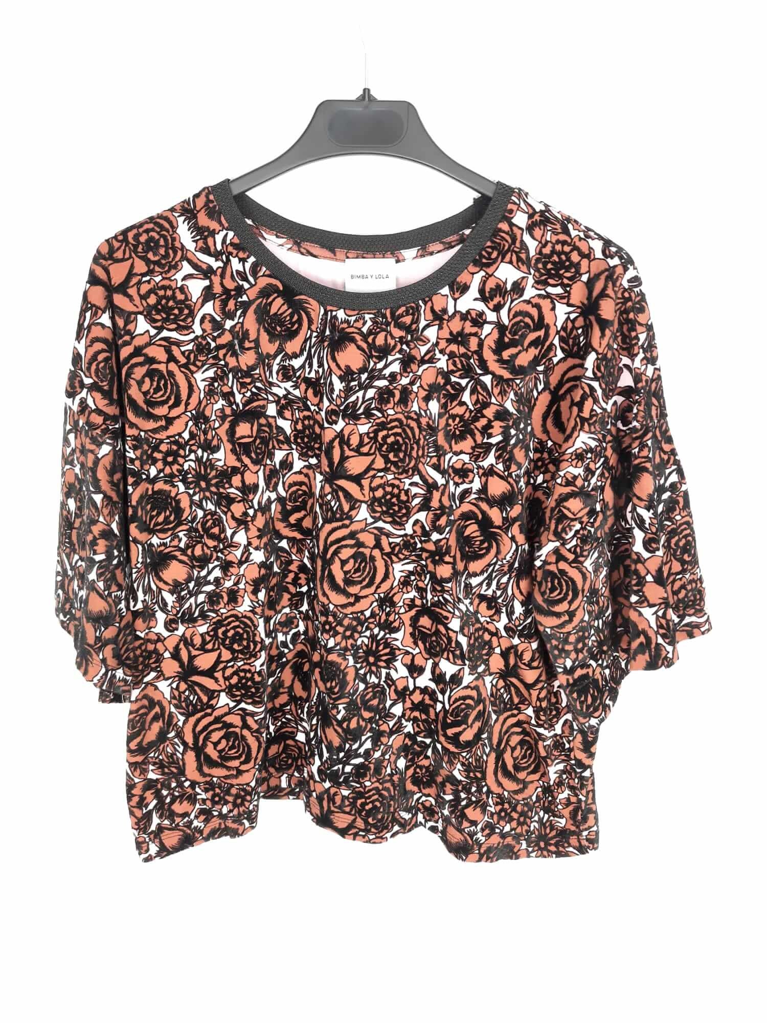 BIMBA Y LOLA. Camiseta manga corta rosa flores marrones terciopelo T. m