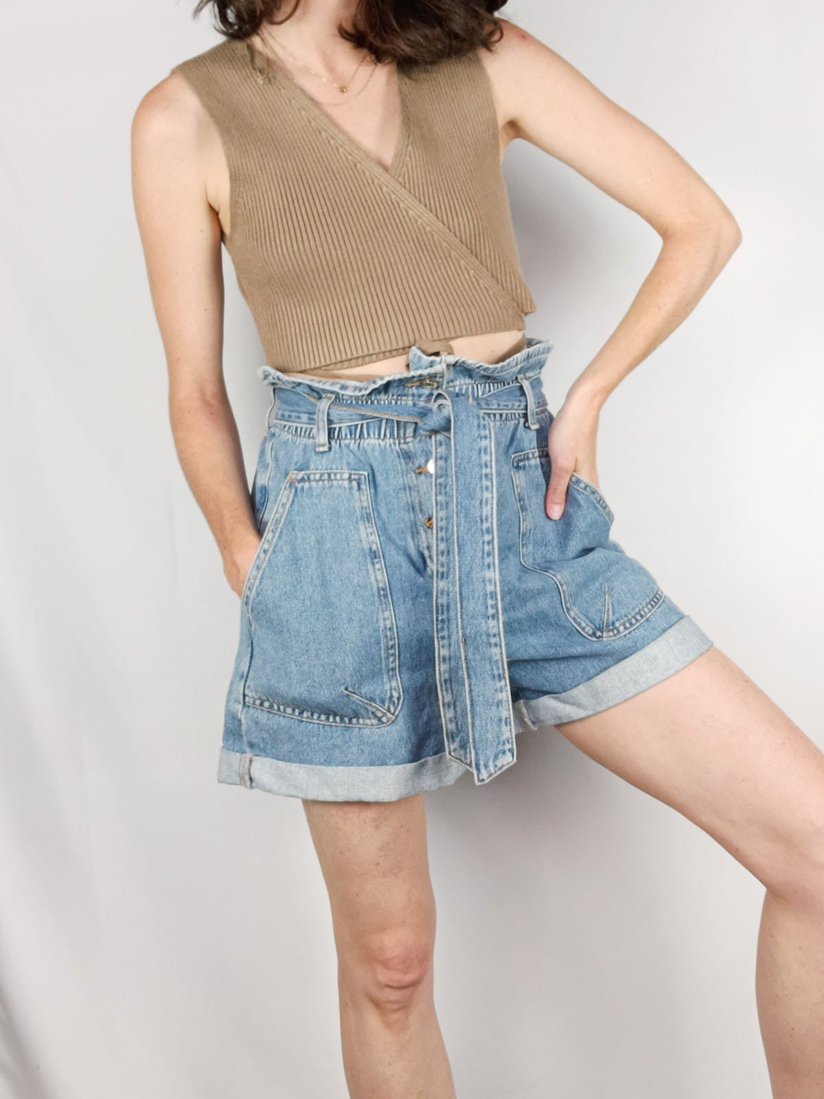 ZARA. Croptop canalé camel T.m