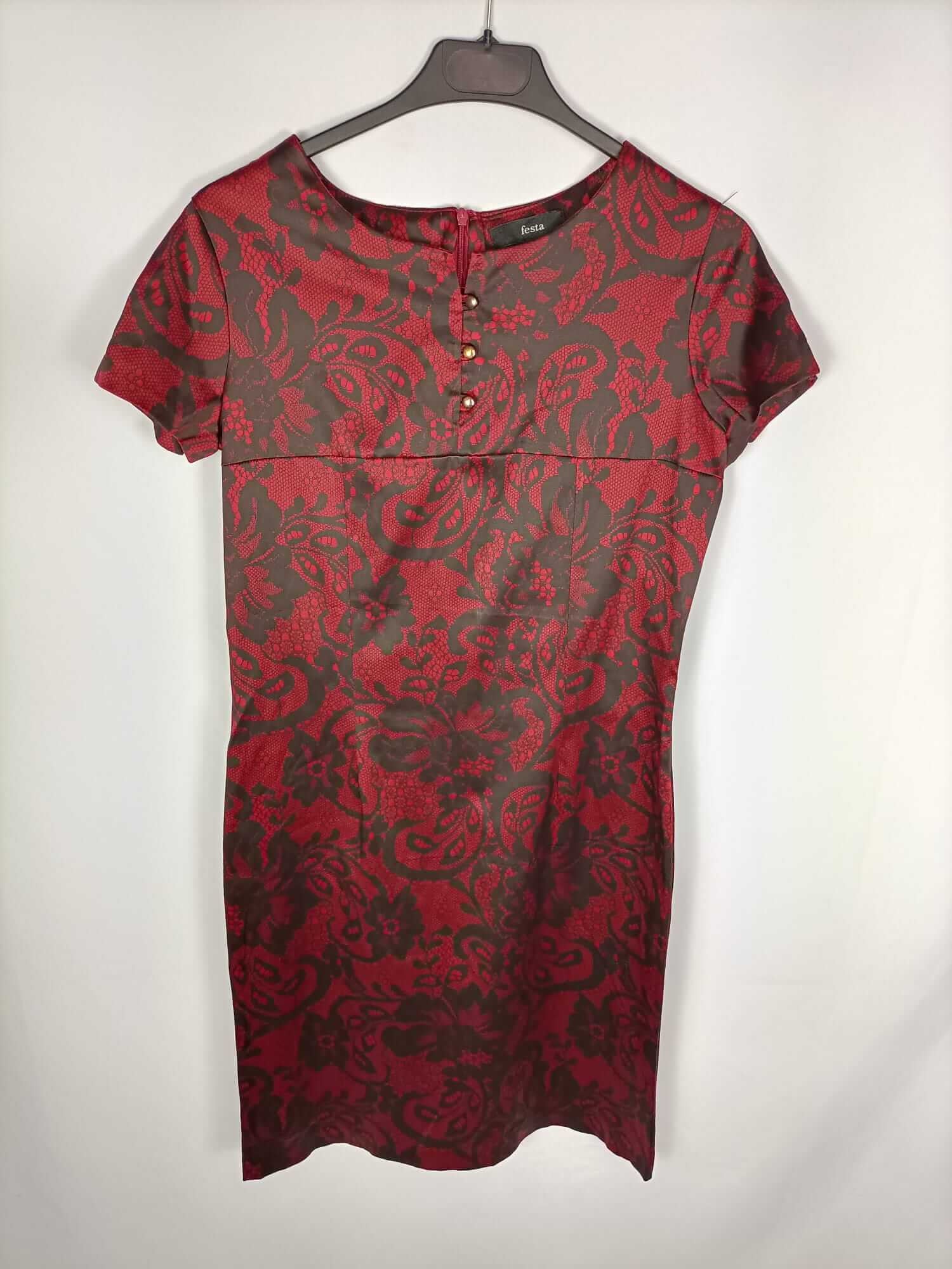 FESTA. Vestido burdeos estampado encaje T.40