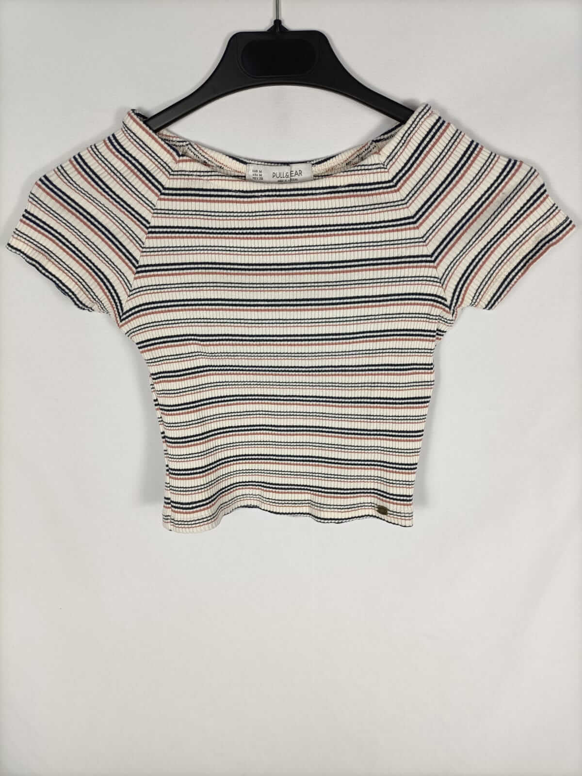 PULL&BEAR.Top rayas beige canalé T.m