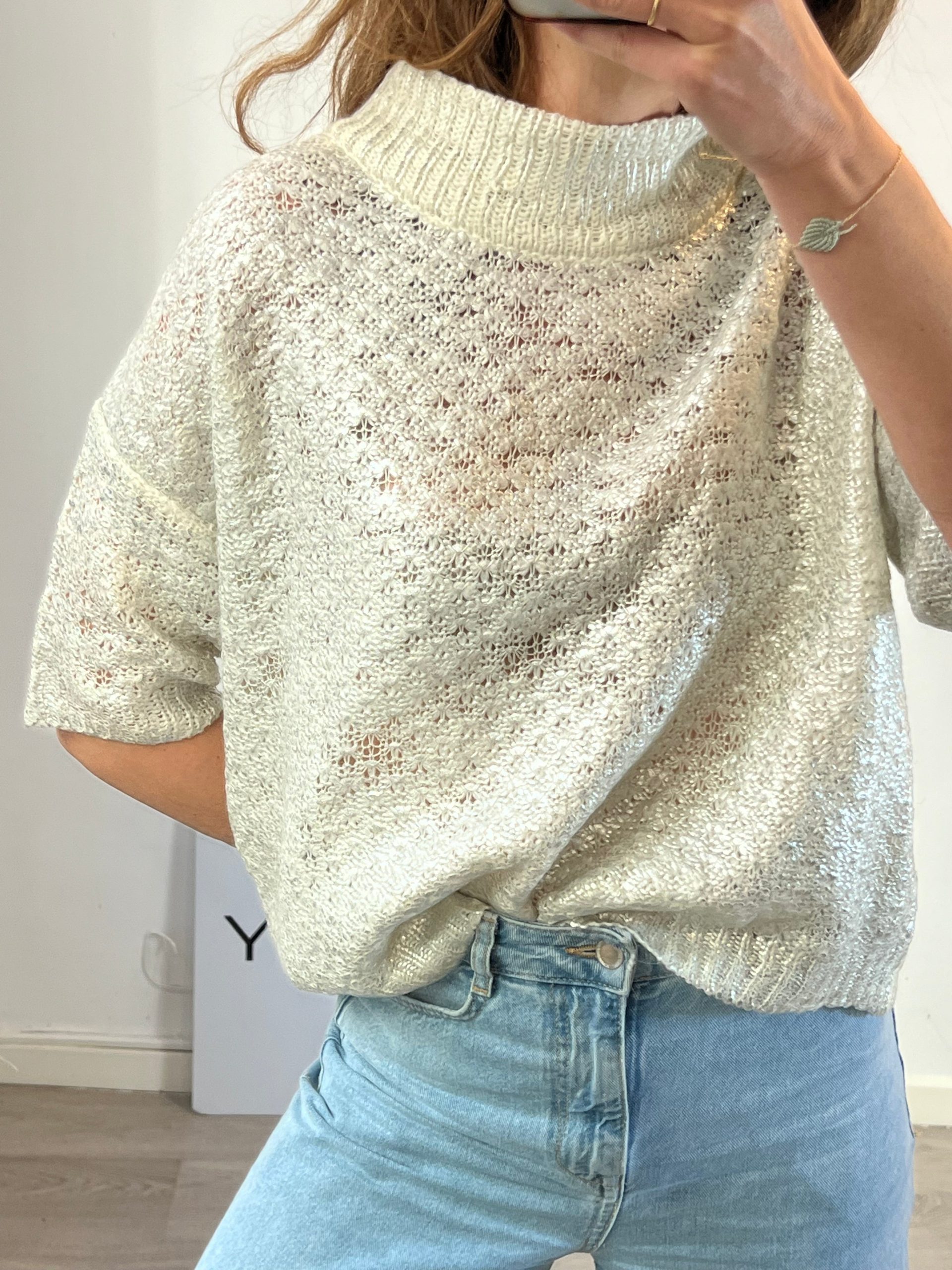 TWIN-SET. Jersey blanco hilos plateados T.m