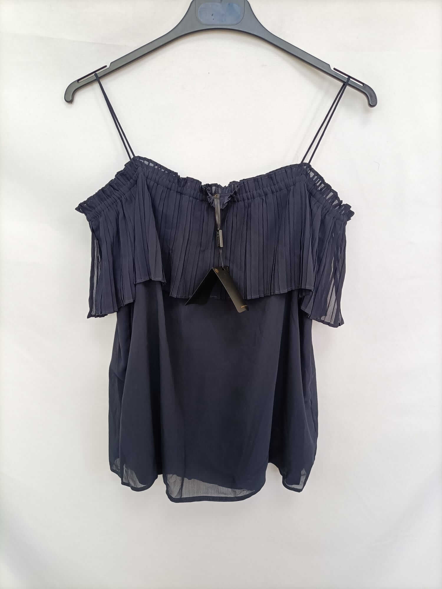MASSIMO DUTTI. Top azul escote plisado T.xs