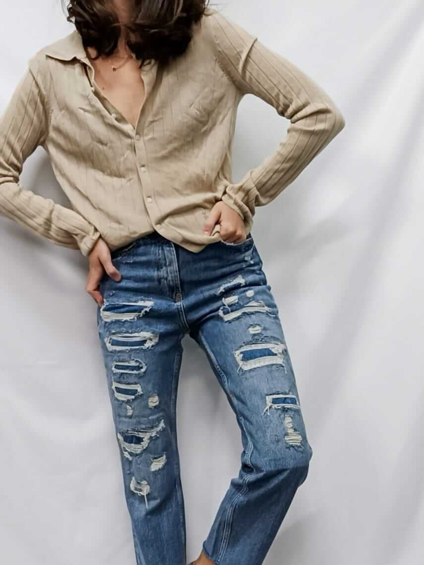 ZARA. Top beige canalé T.m