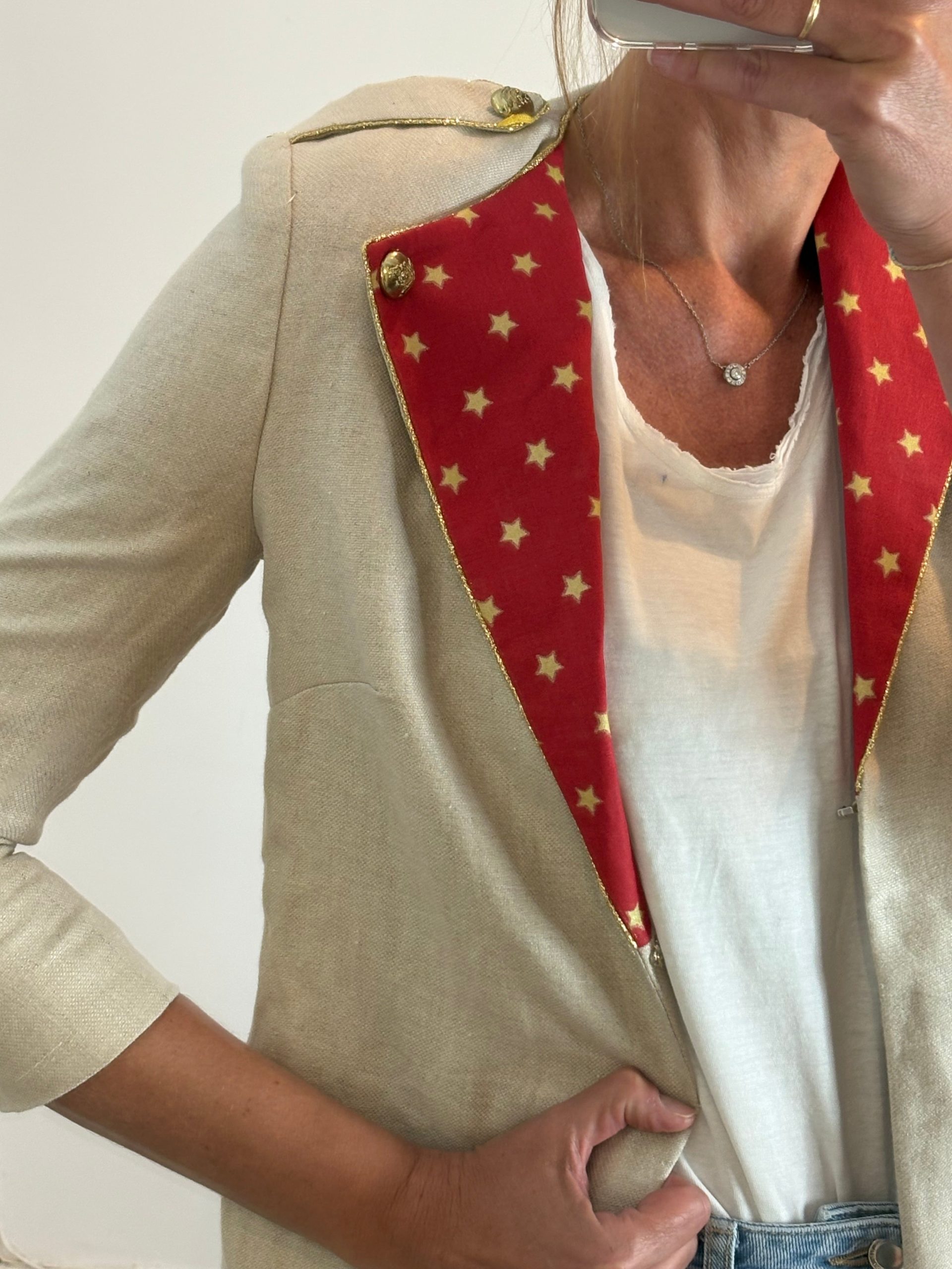 DEVOTA & LOMBA. Chaqueta lino beige estrellas. T 36