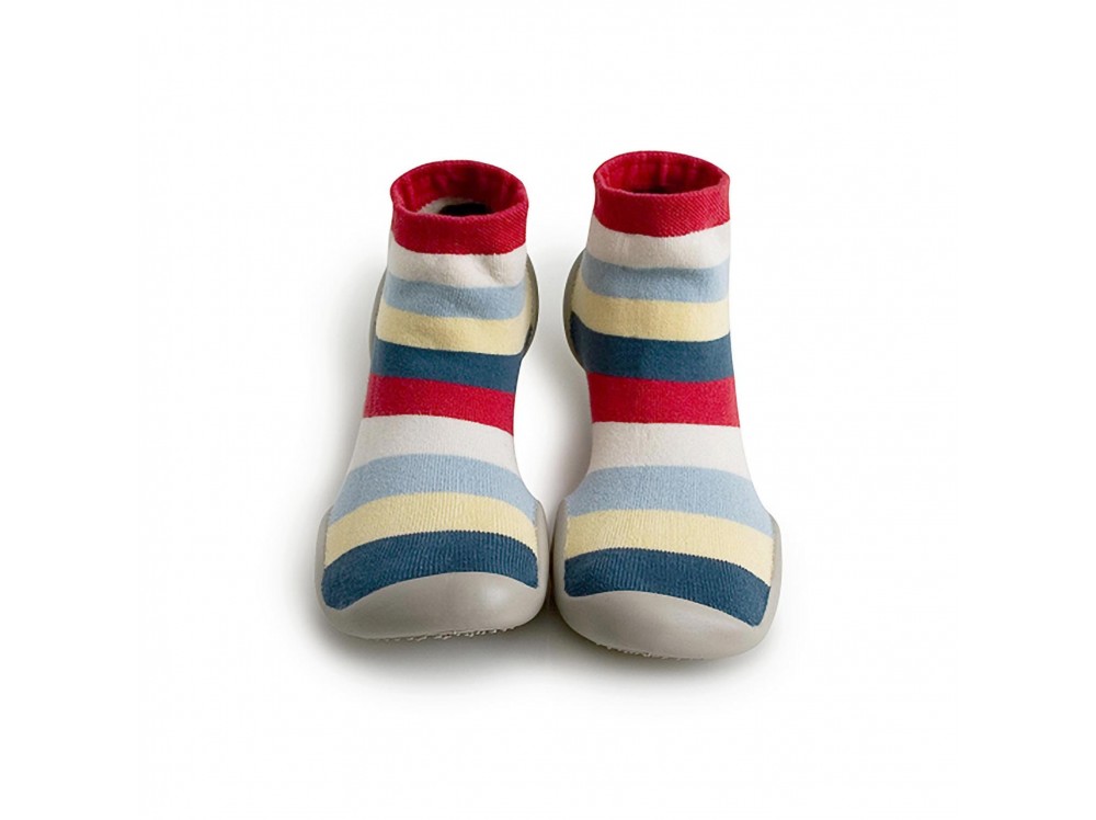 Zapatilla para casa calcetín rayas azul, amarillo y rojo Collegien