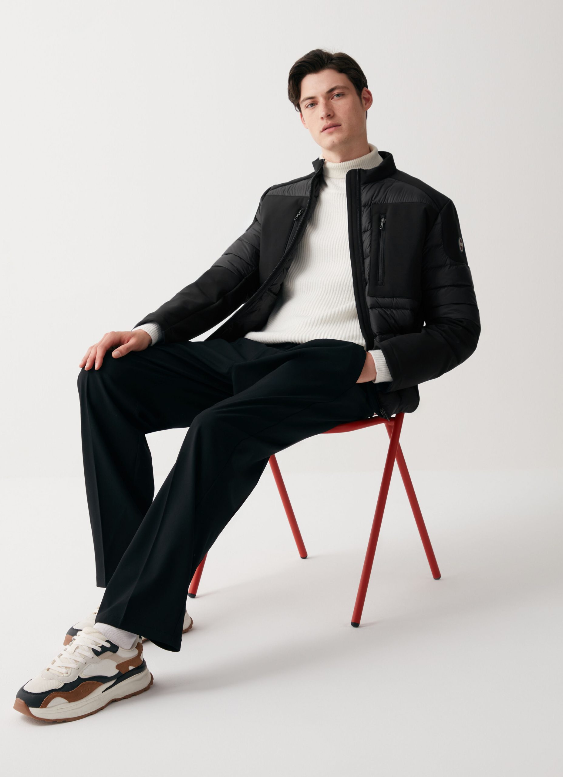 Biker down jacket in double fabric