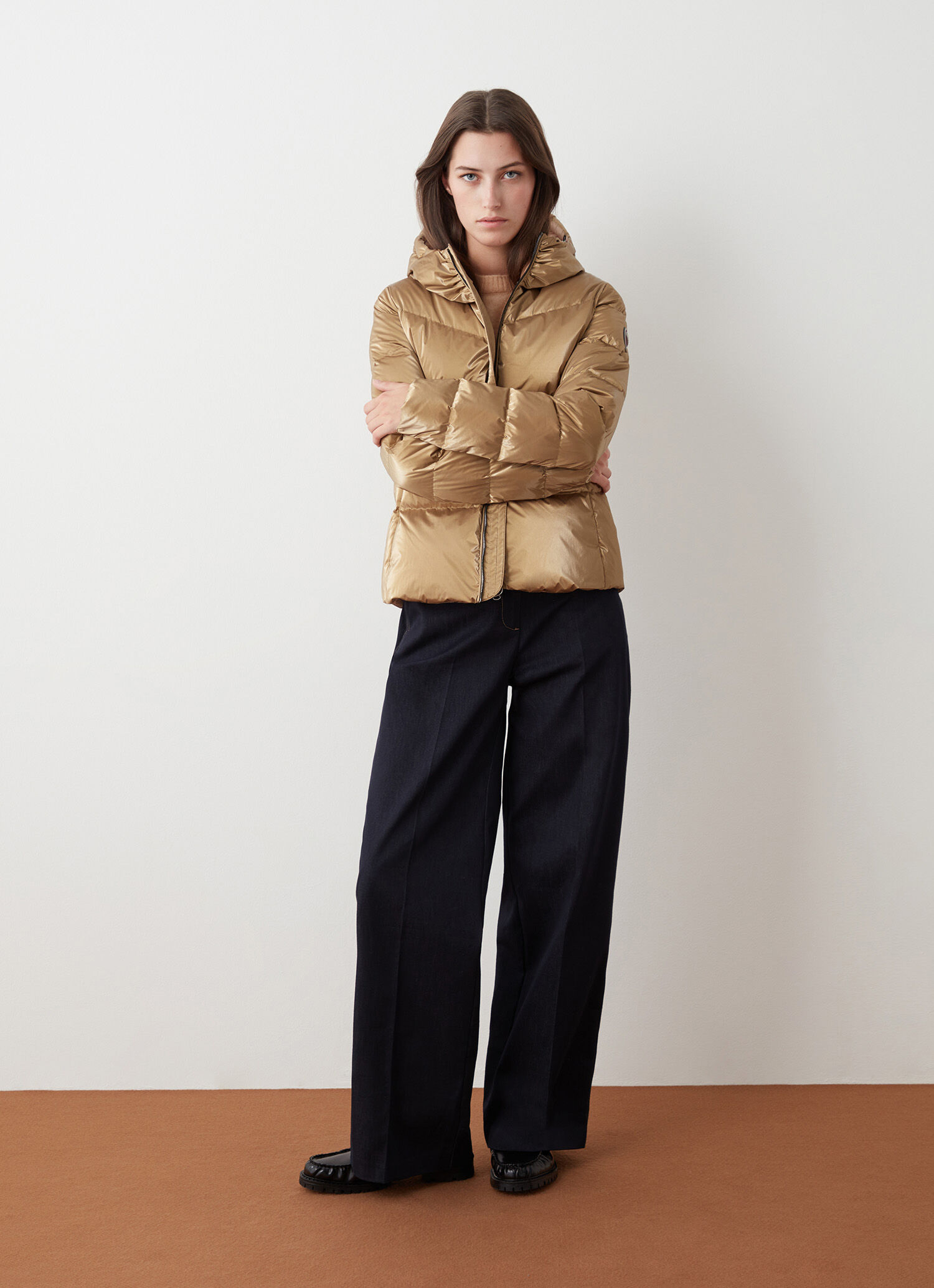 Metallic-effect gold down jacket