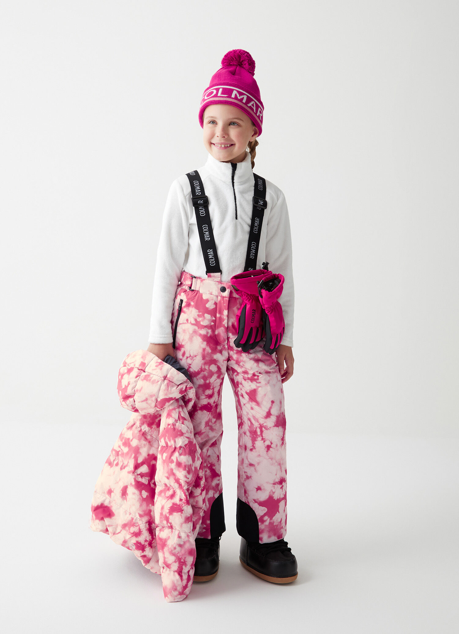 Girls’ tie-dye ski bib and brace