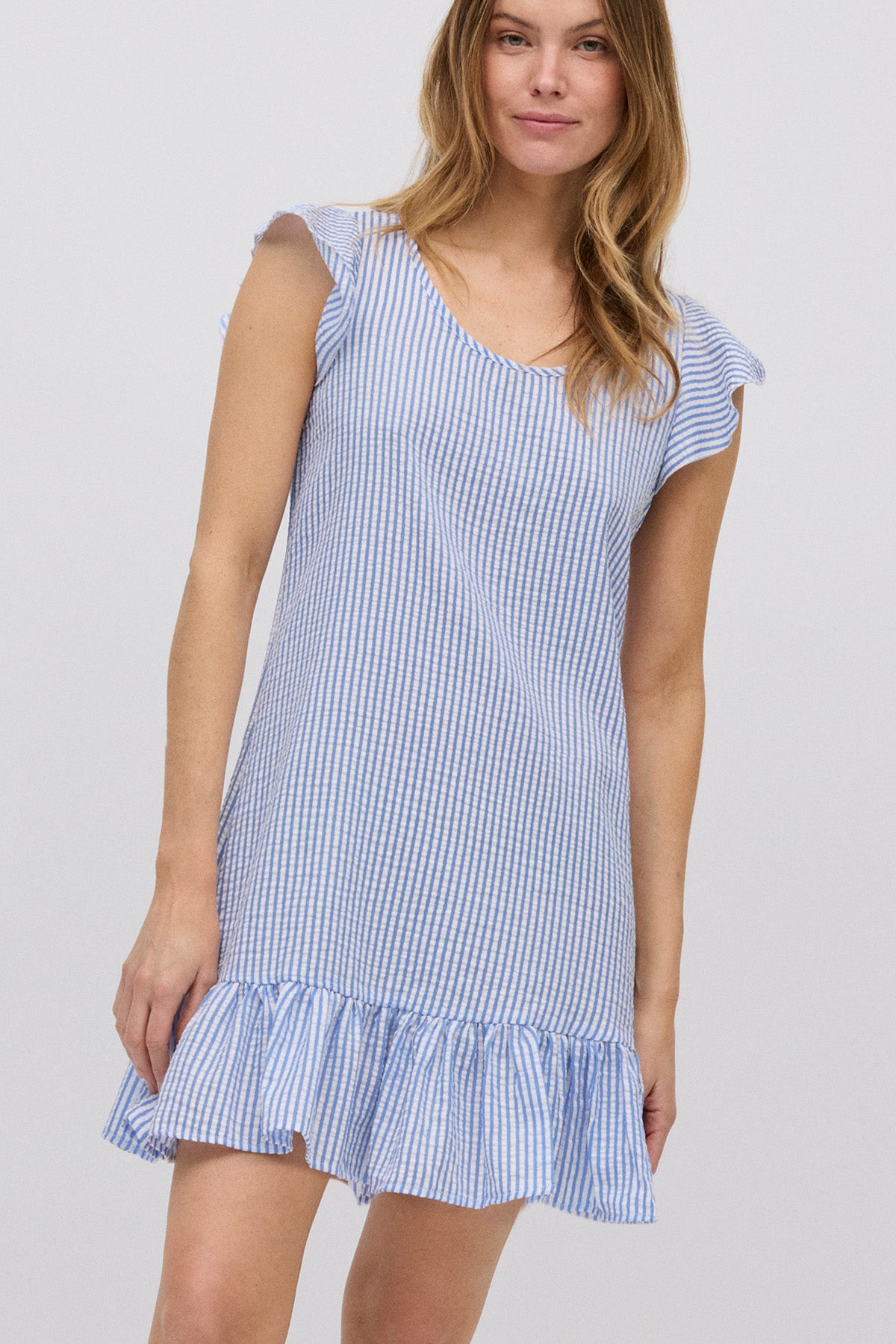 Vestido corto anudado espalda estampado rayas