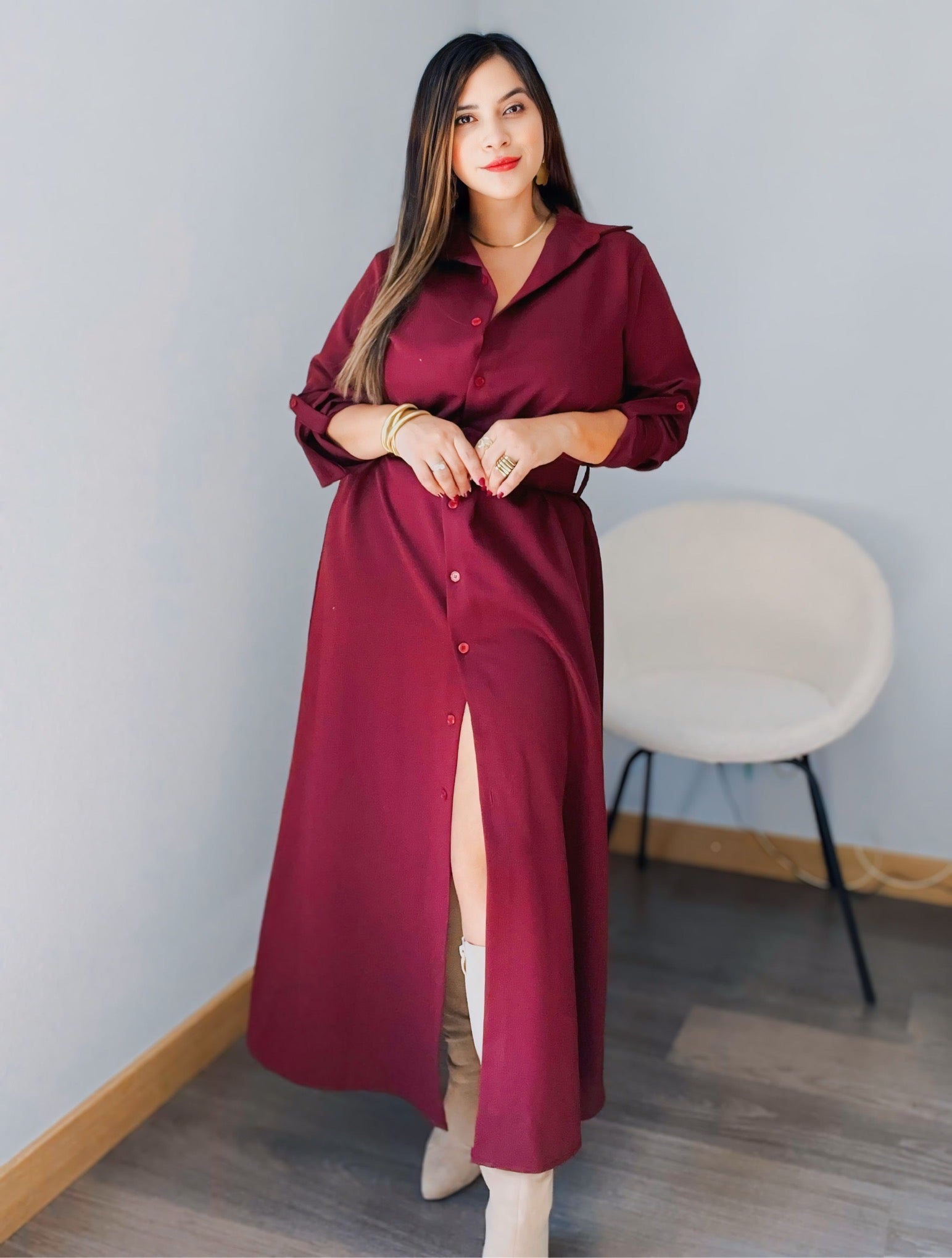 Vestido Camisero Manga Larga Vino Tinto