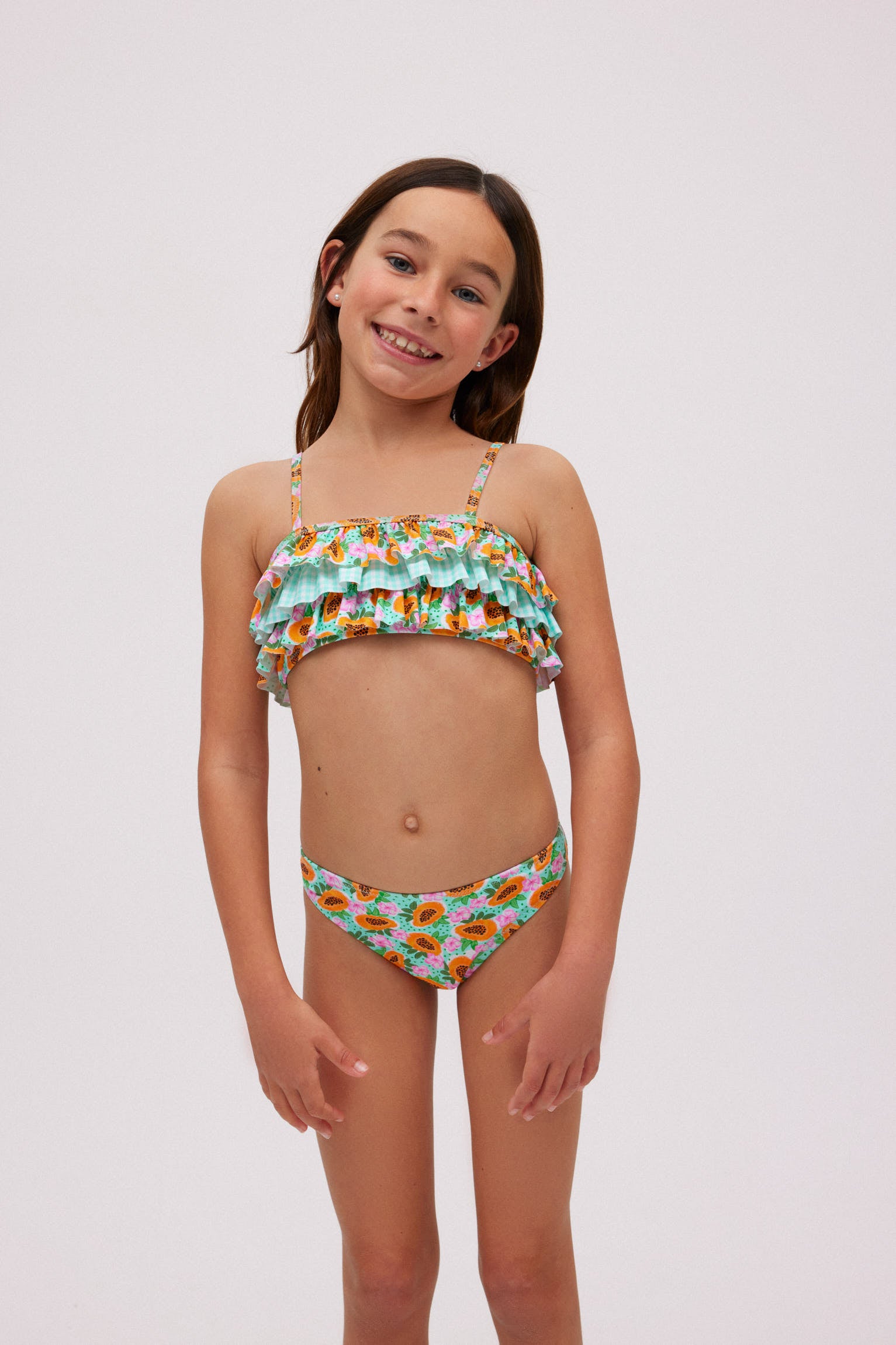 Conjunto de bikini niña volantes estampado papayas