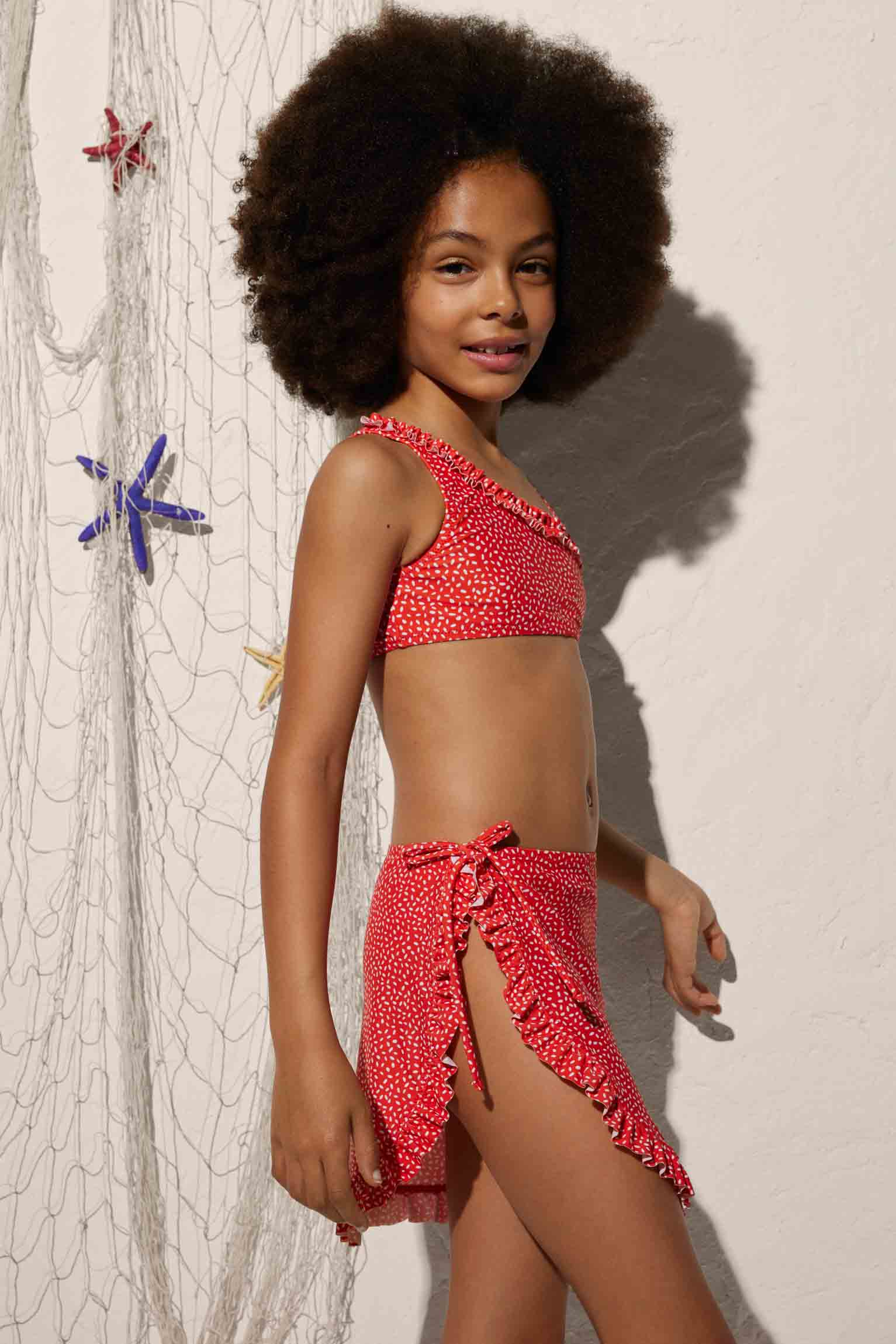 Falda pareo playa niña estampado dots con volantes