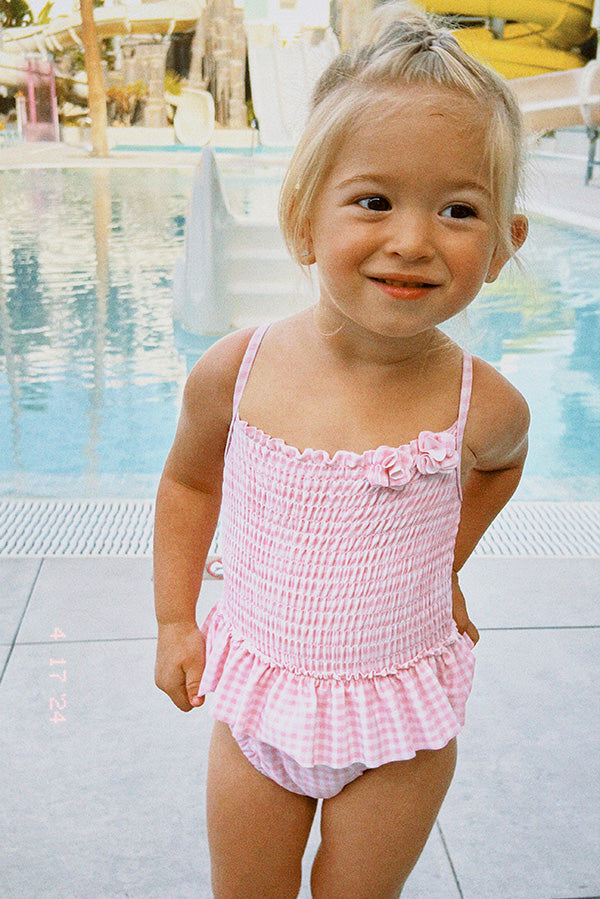 Bañador bebé nido de abeja cuadro vichy rosa