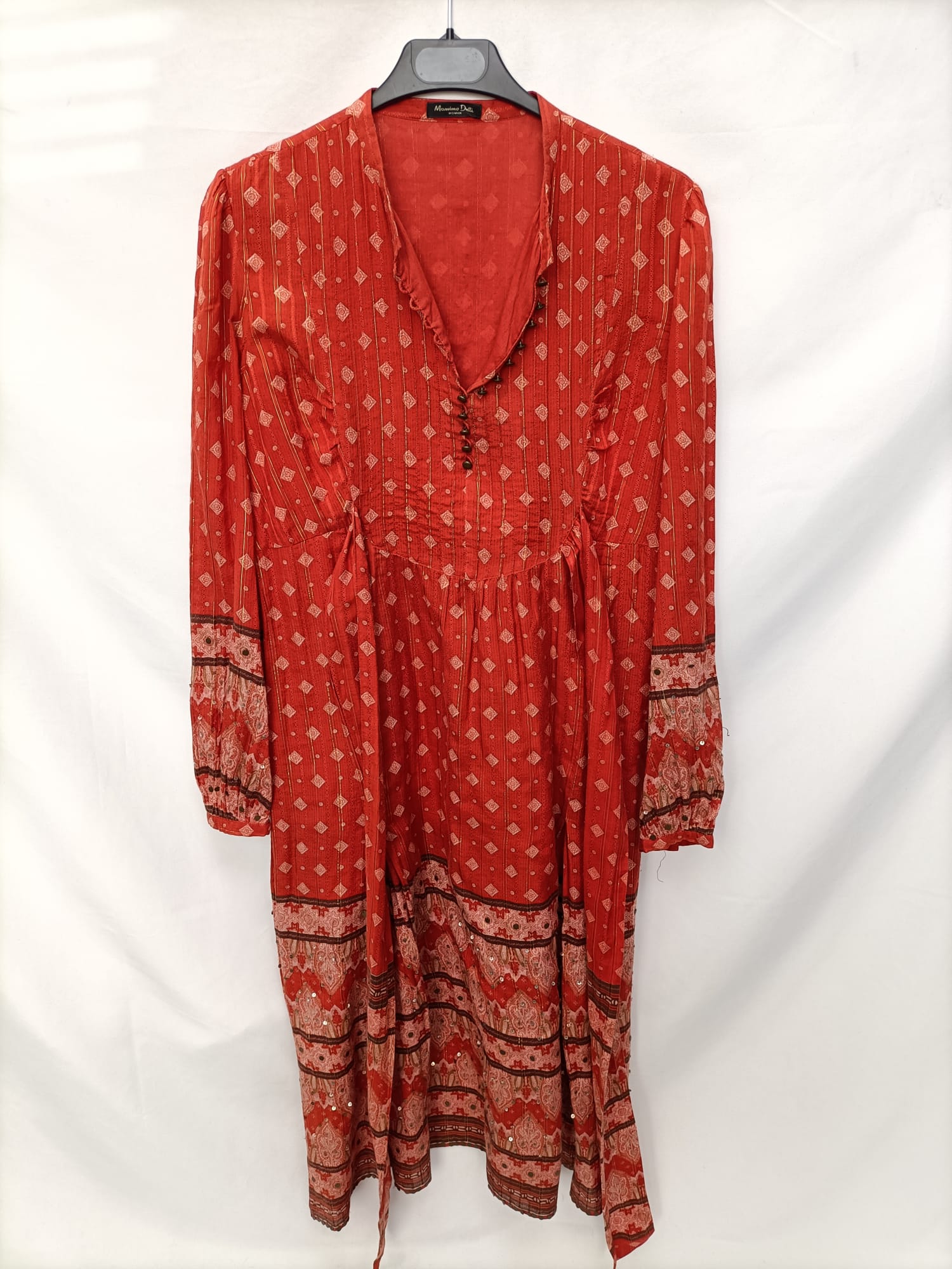 MASSIMO DUTTI. Vestido largo estampado color teja T.40