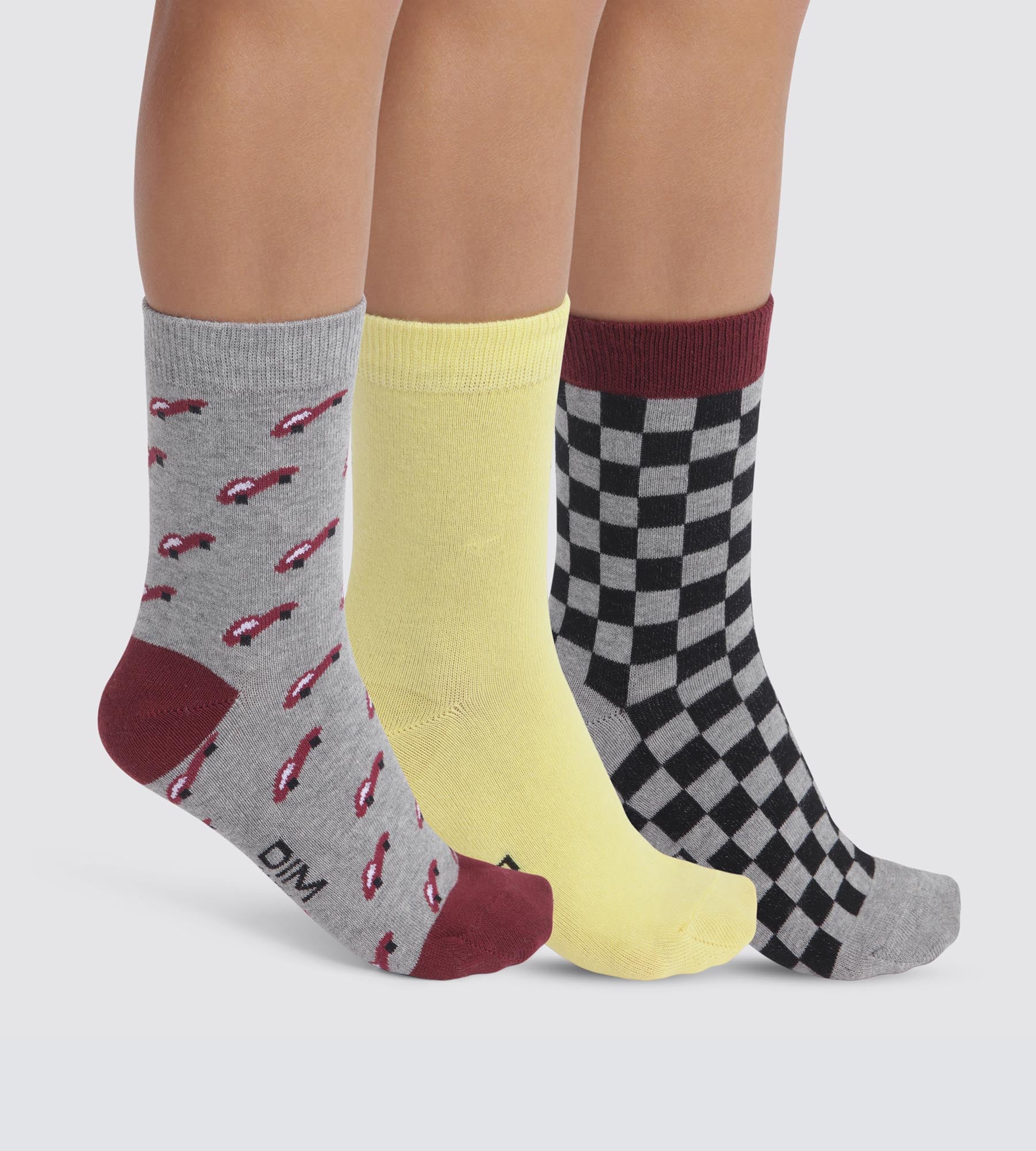 Pack of 3 pairs of checkered children's socks in Gray Yellow Cotton Style
