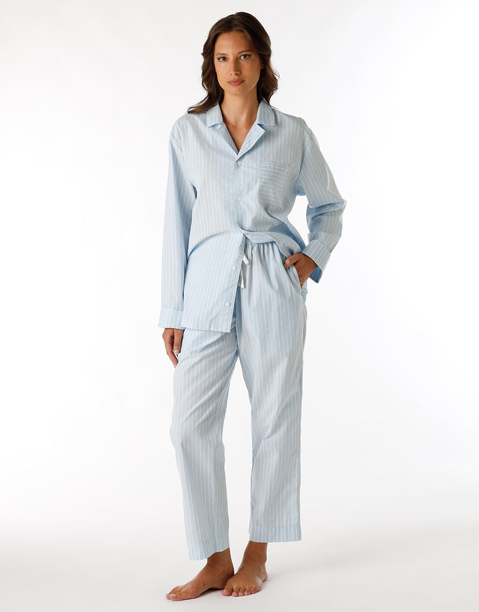 Unisex Blue Striped Cotton Canvas Long Pajama Set