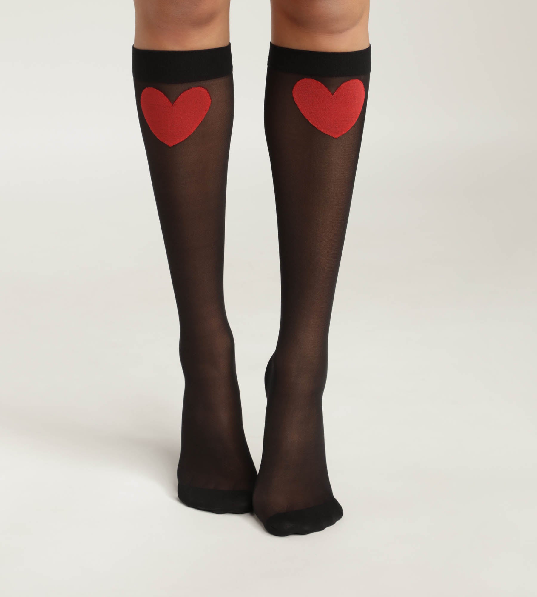 Women's knee-highs in sheer black voile with red heart Dim Style