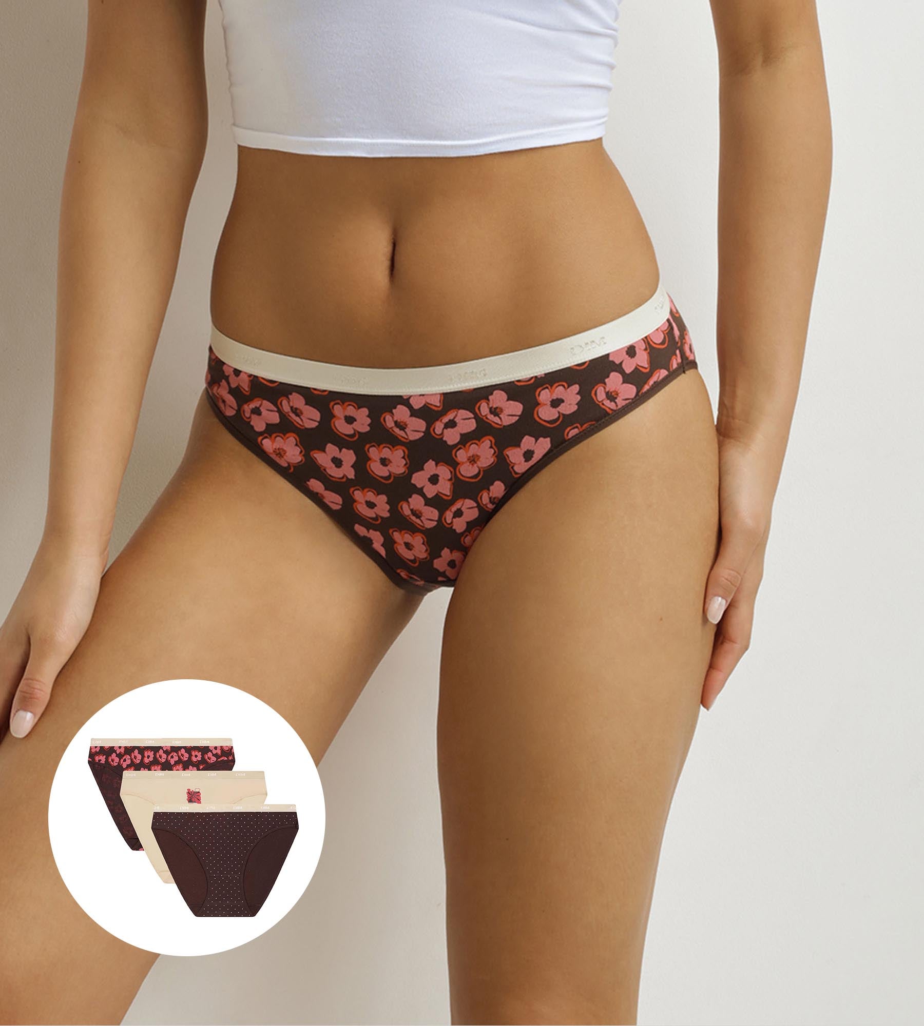 Pack of 3 women's briefs with pink and brown bohemian motifs Les Pockets