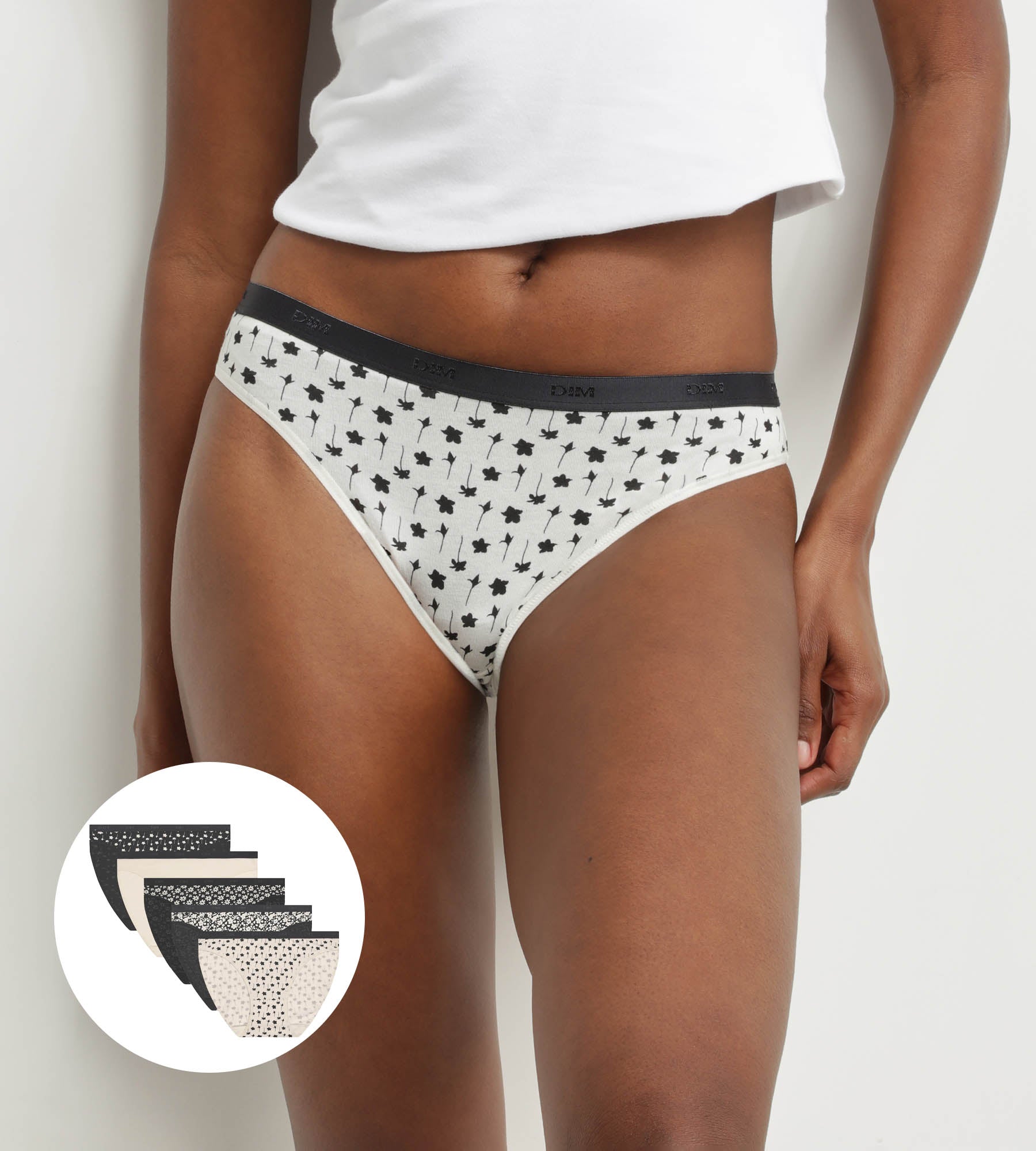 Pack of 5 stretch cotton floral knickers White Black Les Pockets