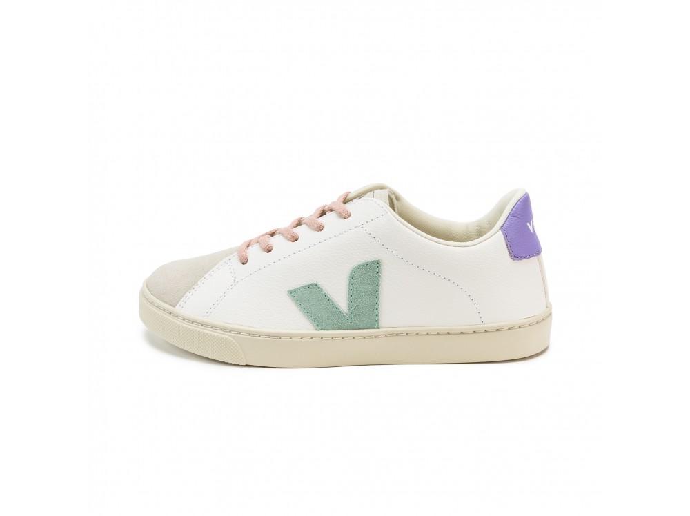 Zapatilla piel blanco/verde/lila con cordón y puntera de serraje Esplar Veja