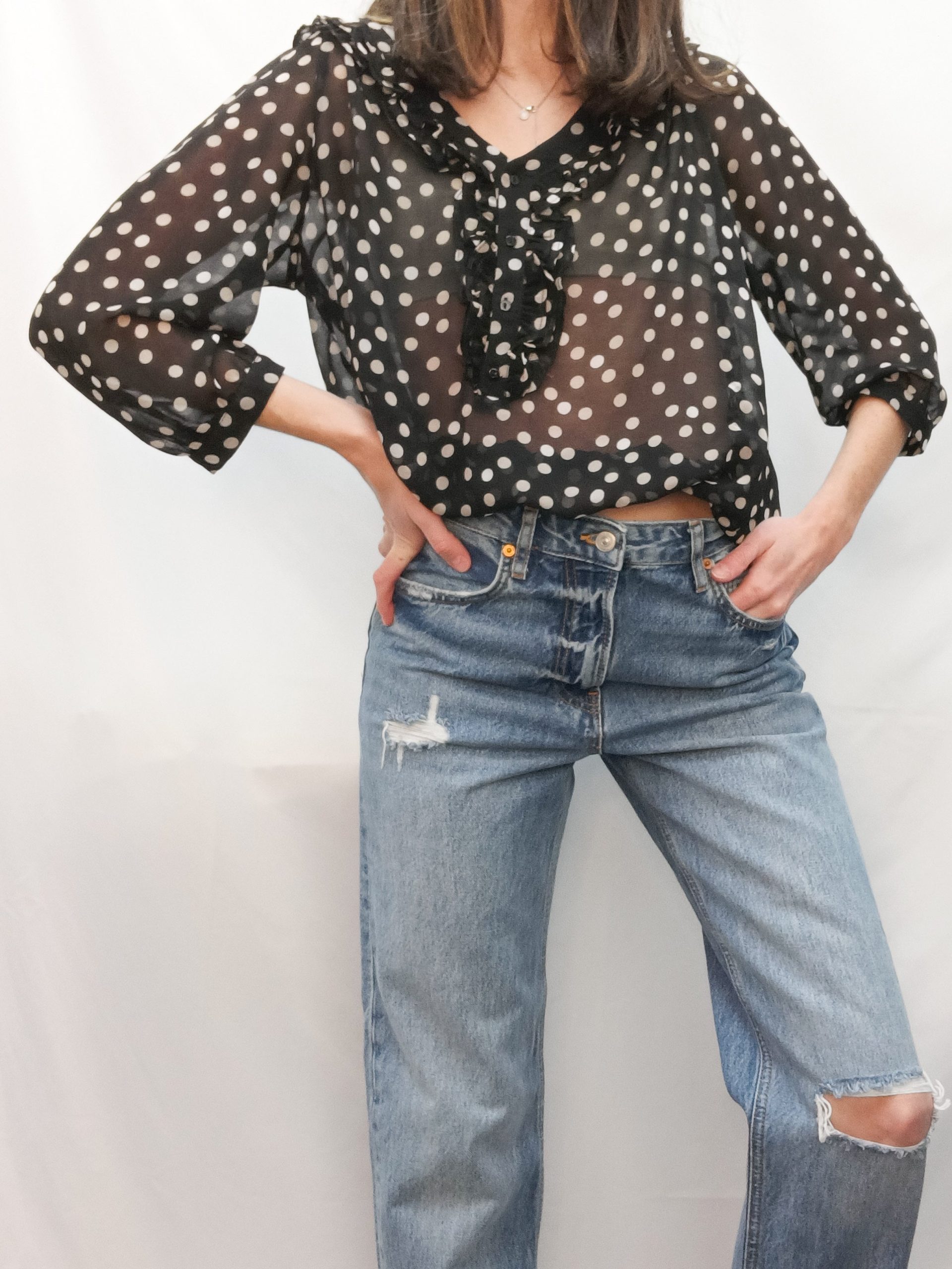 ZARA. Blusa negra Lunares T.m