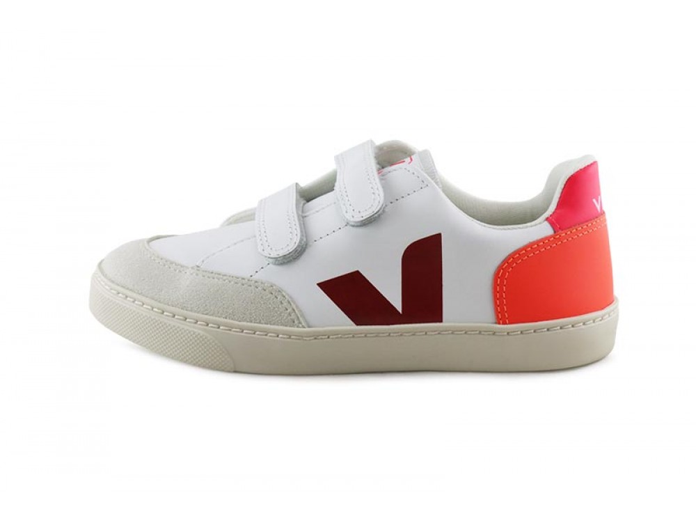 Deportiva piel blanca/burdeos/naranja con velcro Veja V12