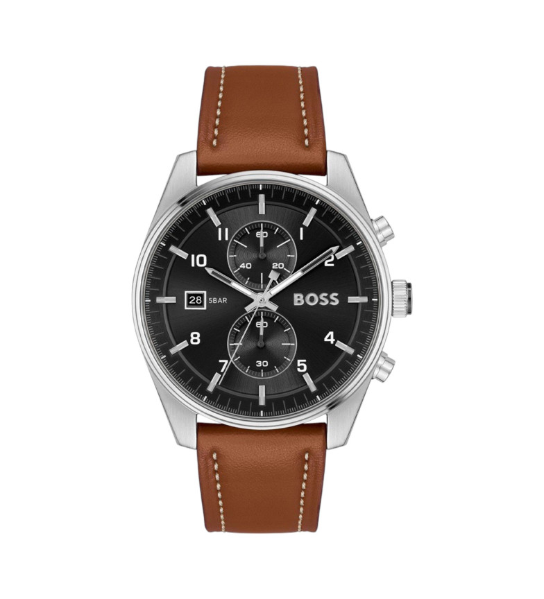 BOSS Reloj cronógrafo con correa de piel Skytraveller negro