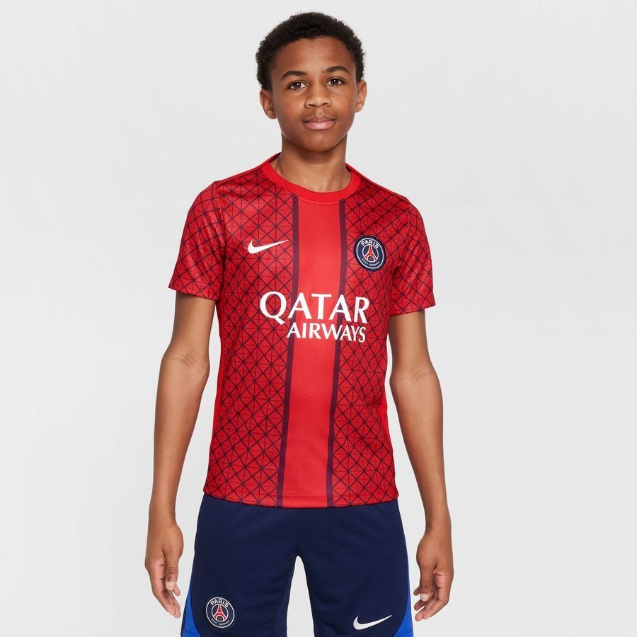 Paris Saint Germain Camiseta de entrenamiento Dri-FIT Academy Pro Antes del partido - Rojo universitario/Marina de Medianoche/Blanco Niños