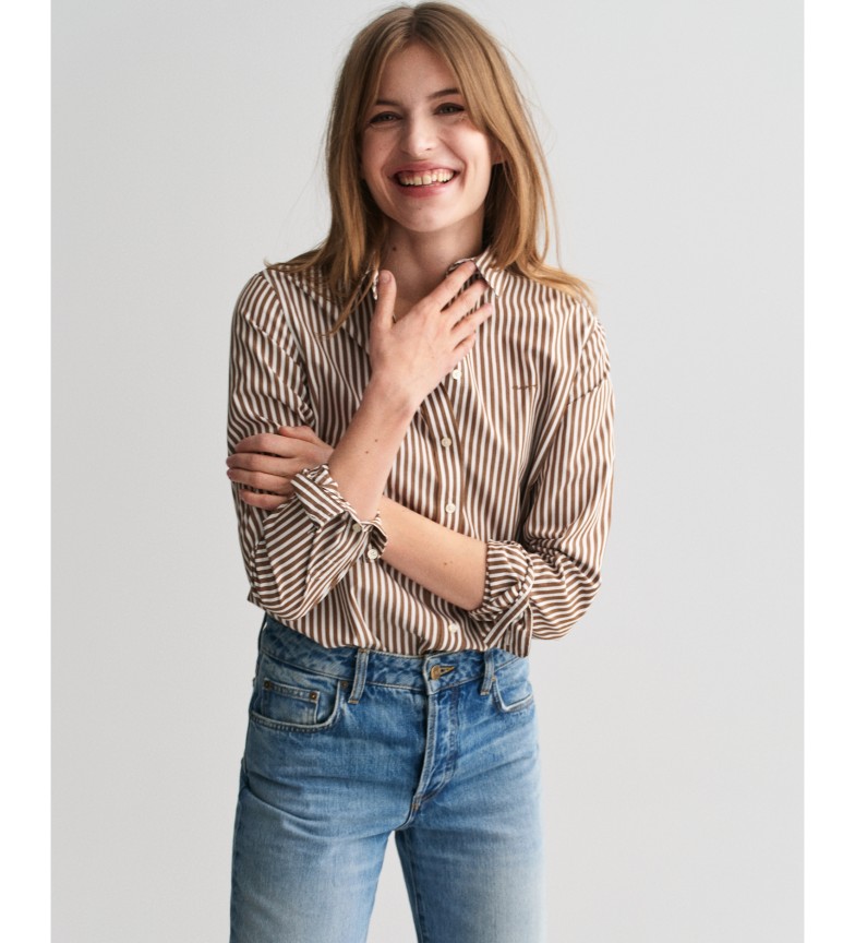 Gant Camisa Regular Fit de popelina a rayas marrón