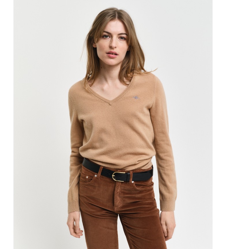 Gant Jersey con cuello en V de lana de cordero extrafina beige