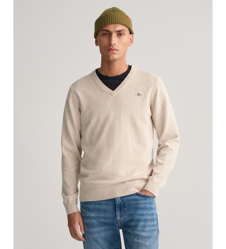 Gant Jersey de cuello de pico y algodón clásico beige