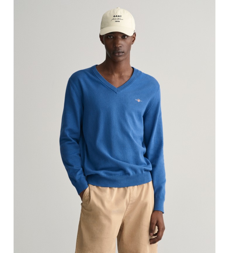 Gant Jersey de cuello de pico y algodón clásico azul