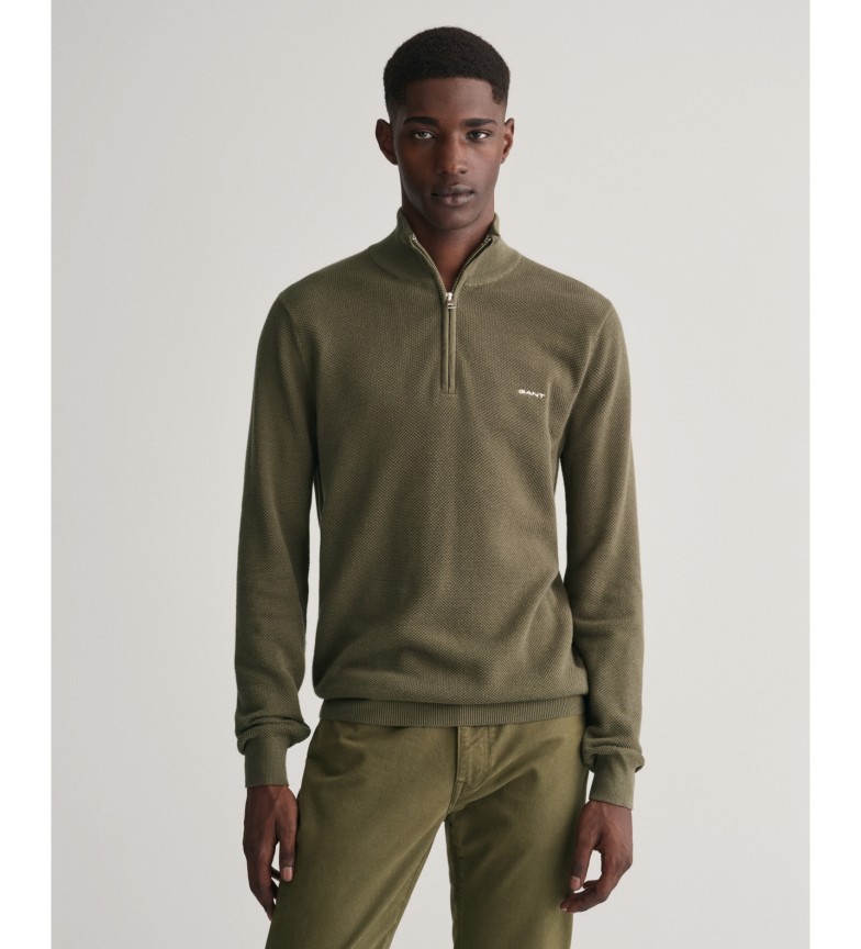Gant Jersey de piqué de algodón con media cremallera verde