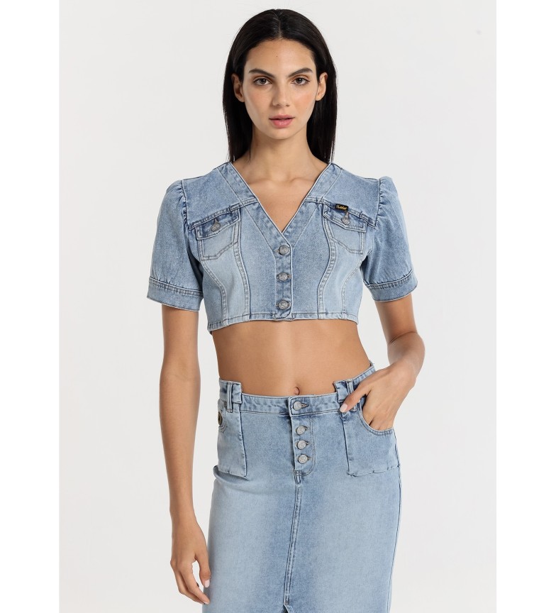 Lois Jeans Top vaquero con mangas abullonadas azul