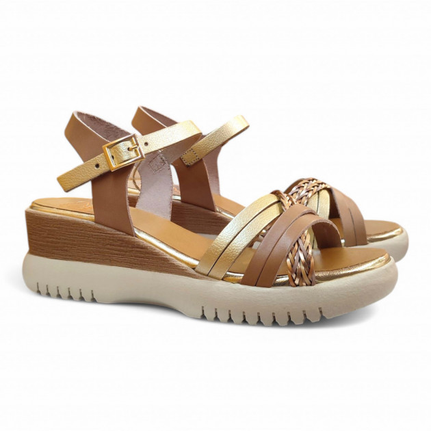 Sandalias cuña Porronet piel marron oro