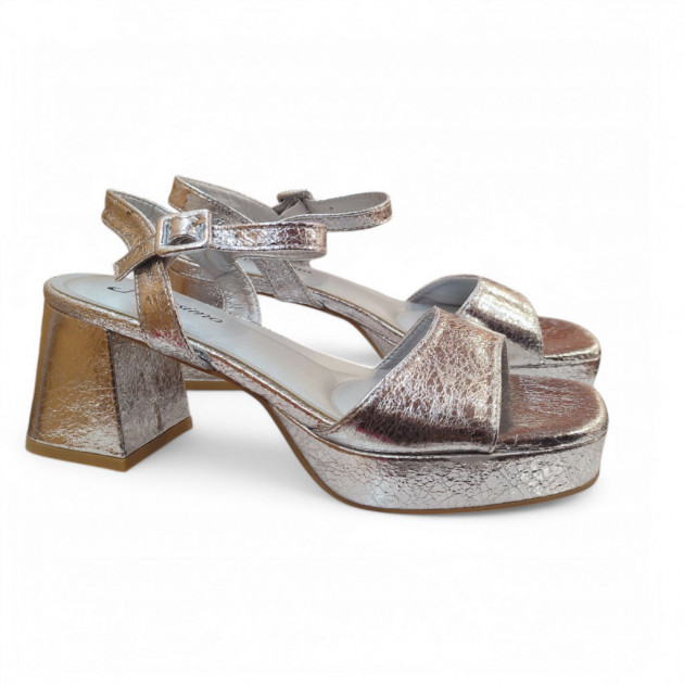 Sandalias fiesta plata brillante con tacón medio y plataforma